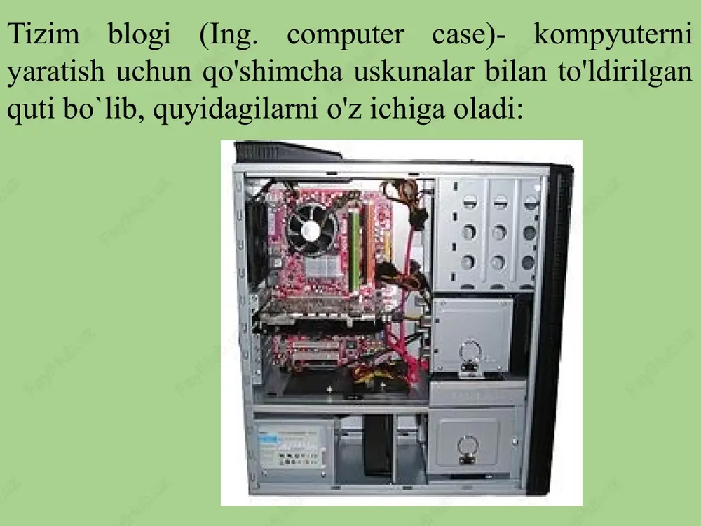 ki noutbukning batareya quvvati to'g'risidagi bildirishnoma maydoni mavjud. ilovani vazifalar paneliga qo'shish: 1-qadam - bosh menyuda o'rnatilmoqchi bo'lgan dastur topiladi. 2-qadam – ilovaga sichqoncha o'ng tugmasi bosiladi. 3-qadam - menyuda " dopolnitelno" buyrug`i tanlanadi. 4-qadam - " zakrepit na paneli zadach" buyrug`i tanlanadi. provodnik dasturi provodnik- bu windows operatsion tizimi tomonidan papkalar va fayllarni ko'rish uchun foydalaniladigan dastur. provodnikka kirish uchun vazifalar panelidagi papka belgisi bosiladi. provodnik oynasi quyidagi bo'limlardan iborat: • lenta- fayllar va papkalar ustida amallar bajarish tugmalari mavjud. • navigatsiya paneli- hujjatlar va rasmlar kutubxonalariga, saqlash qurilmalariga kirish huquqini beradi. shuningdek, u tez-tez ishlatiladigan papkalar va tarmoq qurilmalarini ko'rsatadi. • chastnie papki bo'limi- ko’p ishlatilagan papkalarga tez kirishni ta'minlaydi. • poslednie fayli bo'limi -yaqinda ochilgan fayl va hujjatlarni ko'rsatadi. provodnik lentasi ushbu lentada eng ko`p ishlatiladigan tugmalar va buyruqlar joylashgan. lentada to'rtta bo`lim mavjud. ularning har biri o'z buyruqlariga ega. glavnaya bo`limi orqali quyidagi vazifalar bajariladi: • …
