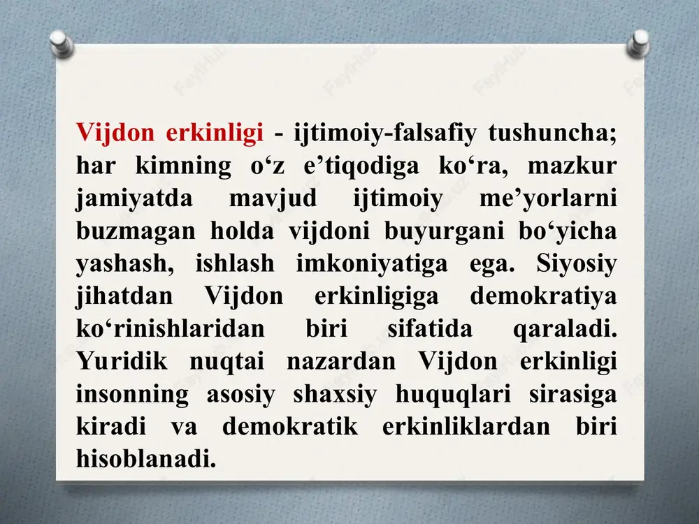 n, o'zbekiston musulmonlari idorasi, qoraqalpog'iston musulmonlari qoziyati, o'zbekiston musulmonlari idorasining viloyatlar va toshkent shaxridagi vakilliklari, toshkent islom instituta, 9 ta madrasa, 2038 ta masjid, rus pravoslav cherkovi toshkent va o'zbekiston eparxiyasi, pravoslav seminariyasi, rim-katolik markazi, evangel xristian-baptistlar cherkovlari uyushmasi, to'liq injil xristianlar cherkovlari markazi, protestant seminariyasi, bibliya jamiyati, 151 ta xristian cherkovi, 8 ta yaxudiy, 6 ta bahoiy jamoasi, 1 ta krishna jamiyati va 1 ta budda ibodatxonasi faoliyat yuritmokda. davlat ular bilan o'zaro munosabatda, o'z dunyoviy xususiyatini hisobga olgan holda, quyidagi tamoyillarga amal qilmoqda: * * islom – jahon xalqlari orasida keng tarqalgan din. o'rta osiyo va qozog'iston musulmonlari diniy nazorati 1943 yil tashkil etildi. 1992 yildan 1994 yilga qadar movarounnahr musulmonlari idorasi, 1995 yildan e'tiboran o'zbekiston musulmonlari idorasi nomi bilan ataldi. 2015 yilning 1 martiga qadar 2064 ta diniy tashkilot ro'yxatga olingan. shundan, markaziy boshqaruv organi – o'zbekiston musulmonlari idorasi, 14 ta vakillik, ta'lim muassasalari 10 ta – …