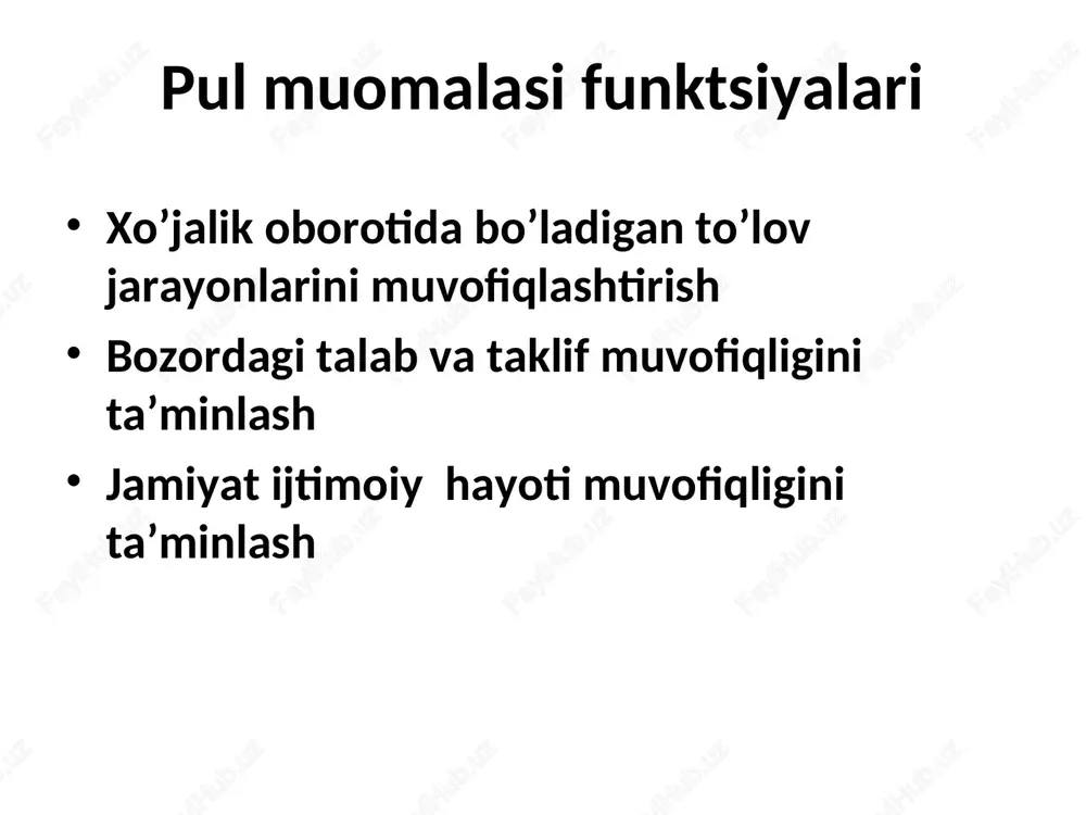 iqtisodiy o’sish sur’atlari va pulga bo’lgan talab o’sadi. bu esa, mamlakatda pul massasining yalpi ichki mahsulotga nisbatining oshishiga olib keladi. bunday ijobiy holat mamlakatimizda iqtisodiy faollikning kuchayishiga qulay shart-sharoitlar yaratgan holda pulga bo’lgan real talabning va monetizatsiya darajasining o’sishiga zamin yaratdi. rezerv pullar va kvazi pullarning o’ziga xos xususiyatlari. rezerv pullar - markaziy bankning majburiyati bo’lib, o’z ichiga quyidagi passivlarni oladi: markaziy bankdan tashqaridagi naqd pullar, majburiy zaxiradagi mablag’lar, tijorat banklarining markaziy bankdagi vakillik hisobvarag’idagi mablag’lar va markaziy bank mijozlarining depozitlari. kvazi pullar esa – pul massasi kabi bank tizimining majburiyati sifatida u o’z ichiga quyidagi passivlarni oladi: talab qilib olinguncha depozitlar, muddatli depozitlar, jamg’arma depozitlari, xorijiy valyutadagi depozitlar. rezerv pullarning xususiyati shundan iboratki, u bir tomonidan markaziy bankning majburiyati bo’lsa, ikkinchi tomondan monetar siyosatning maqsadli ko’rsatkichi hisoblanadi. kredit multiplikatsiyasini hisoblash tahlili banklar depozit kredit majburiy zahira 1 2 3 4 bank «a» 1000,0 875,0 125,0 bank «b» 875,0 765,6 …