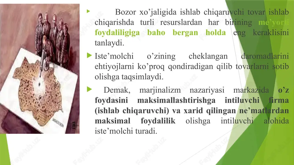 donni misol qilib olamiz. qariya uchun ularning ahamiyati qanday? birinchi qopdagi don ochdan o’lmaslik uchun kerak, ikkinchisi oziq-ovqat sifatini yaxshilash uchun ishlatiladi, uchinchisi - uy parrandalarini boqish uchun, to’rtinchisi - pivo tayyorlash uchun, beshinchisi esa vaqtxushlik (to’ti qushlarga ovqat berish) uchun ishlatiladi. barcha qoplar bir xil qimmatga ega. ammo lekin ularni qariya uchun foydaliligi pasayib borish tartibida joylashtirsak, unda birinchi qopdagi bug’doy eng yuqori qimmatga ega: u qariyaning hayot kechirishi uchun zarur. qariya uchun oxirgi, to’tiqushlarni boqish uchun mo’ljallangan qop eng kam qimmatga ega. agar unga ayirboshlash taklif qilinsa (aytaylik, bir qop don boltaga) u aynan shu beshinchi qopning foydaliligiga qarab ish tutadi. klark fikricha xayoliy statik ijtimoiy ishlab chikarishga operatsiyalarning uzgarmas xususiyati xosdir, bunda doimo avvalgi texnologik jarayonlarda yaxshi ma`lum. usha boyliklar yaratilaveradi, boylik xajmi bunda usmaydi va kamaymaydi. er xam bir mexnat kurollari yordamida ishlanadi, usha xosil olinadi, boshkacha aytganda, ishlab chikarish organizmi uz shaklini uzgartirmaydi. demak, bu …