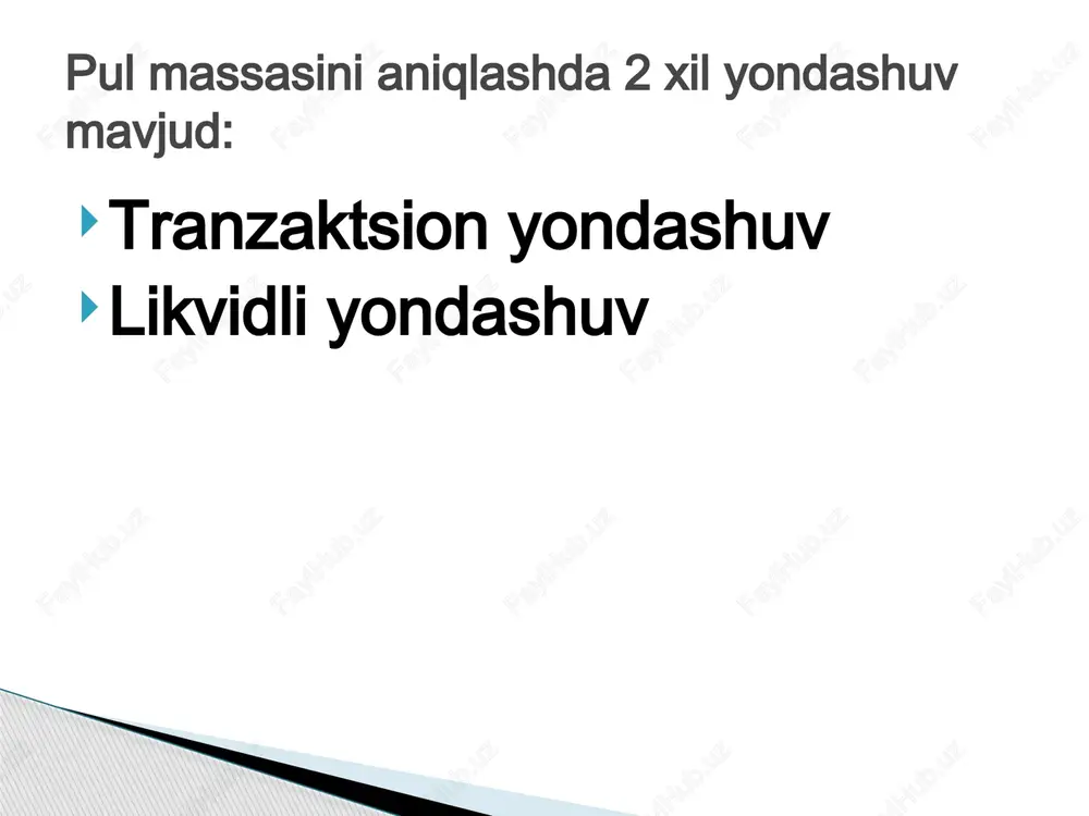 2 pul agregati, ya’ni milliy valyutadagi yalpi pul massasi m1 pul agregati, muddatli va jamg’arma depozitlardan tashkil topadi. m3 pul agregati m2 pul agregati va xorijiy valyutadagi depozitlardan iborat. m4 pul agregati esa m3 pul agregatiga uzoq muddatli qimmatli qog’ozlarni qo’shishi orqali hisoblanadi. hozirgi paytda o’tish iqtisodiyotidagi mamlakatlarda iqtisodiyot, bank tizimi va moliya bozorlarining, jumladan pul, qimmatli qoђozlar va valyuta bozorlarining rivojlanish darajasiga qarab bank statistikasida m0, m1, m2 va m3 pul agregatlaridan foydalaniladi. o’zbekiston bank statistikasida ayni paytda m0, m1 va m2 pul agregatlari va rezerv pullar qo’llaniladi. rivojlangan mamlakatlarning moliya statistikasida pul massasini aniqlashda quyidagi asosiy pul agregatlari to‘plamidan (guruhidan) foydalaniladi: m1 agregati - muomaladagi naqd pullar (banknotalar, tangalar) va joriy bank schyotlaridagi mablag‘larni o‘z ichiga oladi; m2 agregati - m1 agregati va tijorat banklaridagi muddatli va jamg‘arma qo‘yilmalaridan (to‘rt yilgacha) tarkib topgan; m3 agregati - o‘z ichiga m2 agregati va ixtisoslashgan kredit muassasalaridagi jamg‘arma qo‘yilmalarini kiritgan; m4 …