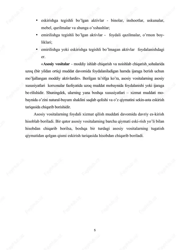 talarning ishga tushirilayotgan obyekti qiymatiga kiritilishi kerak. asosiy vositani ishga tushirish yakunlangan, ya’ni u foydalanishga topshirilgan bo’lsa, foiz xarajatlarini kapitallashtirish to’xtatiladi, asosiy vositalar obyekti foydalanishga berilgandan keyin o’tkazilgan foizli xarajatlar esa xo’jalik yurituvchi subektning moliyaviy faoliyati bo’yicha xarajatlar (9610 - «foiz ko’rinishidagi xarajatlar" hisobvarag’i)ga kiritiladi. korxonaning o’z kuchi bilan yaratilgan asosiy vositalarning dastlabki qiymati sotib olingan aktiv qiymati kabi tamoyil asosida belgilanadi, yani asosiy vositalarning ushbu obyektlarini ishga tushirish bo’yicha aniq sarflar summasidan tashkil topadi. agar asosiy vositalarning obektlari chet el valutasiga sotib olinsa, u holda ularning dastlabki qiymati barcha to’lanadigan va qoplanmaydigan soliqlar, shuningdek, aktivni yetkazib berish va montaj qilish, o’rnatish, ishga tushirish bo’yicha sarflar va undan maqsadli foydalanish uchun ishchi holatiga keltirish bilan bevosita bog’liq har qanday boshqa xarajatlar yuk bojxona deklaratsiyasi to’ldirilgan sanaladi o’zbekiston respublikasya markaziy banki belgilagan kurs bo’yicha summani chet el valutasining qiymatiga hisoblash yo’li bilan milliy valuta (so’mlar)da belgilanadi va buxgalteriya hisobida aks ettiriladi. …