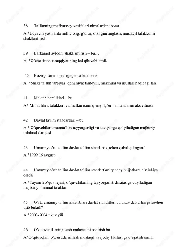 larini belgilang a* moddiy olam ijtimoiy hayot maʼnaviyat haqidagi tushunchalar berish orqali oʼquvchining bilish qobiliyatlarini oʼstirish. 69. politexnik taʼlim tarifini belgilang. a* hozirgi zamon ishlab chiqarish jarayonlari bilan tanishtirish orqali oʼquvchilarning texnik tafakkur qobiliyatlarini oʼstirish. 70. kasb-hunar taʼlimi taʼrifini belgilang a* taʼlim muassasalarida mehnat darslari va kasb- taʼlimi. 71. taʼlim mazmunini ifodalovchi hujjatlar. a* oʼquv rejasi darslik. 72. taʼlim mazmunini takomillashtirishning bosh omili. a * taʼlim mazmunini milliylashtirish 73. taʼlim jarayoni tarifini belgilang. a* oʼqituvchi va oʼquvchi hamkorligida muayyan oʼquv vazifasini hal etishga karatilgan faoliyat 74. taʼlim jarayonidagi oʼquvchilar bilish faoliyatining oʼziga hosligini belgilang. a * oʼquvchi fanga, tajribaga maʼlum boʼlgan xaqiqatlarni biladi. 75. oʼquvchining bilish faoliyati bosqichlarini belgilang. a* bilim, koʼnikma,malakalarni egallab olish. 76. taʼlim jarayonida oʼqituvchi faoliyatining muhim bosqichini belgilang. a* oʼquvchilarning bilish faoliyatini tashkil etish va rahbarlik kilish. 77. taʼlim jarayoni funksiyalarini belgilang. a* bilim berish tarbiyalash va shaxsni rivojlantirish. 78. taʼlim jarayonida oʼqituvchi va oʼquvchi hamkorligini …