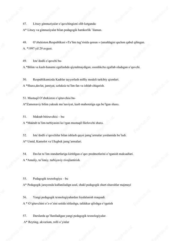 larini belgilang a* moddiy olam ijtimoiy hayot maʼnaviyat haqidagi tushunchalar berish orqali oʼquvchining bilish qobiliyatlarini oʼstirish. 69. politexnik taʼlim tarifini belgilang. a* hozirgi zamon ishlab chiqarish jarayonlari bilan tanishtirish orqali oʼquvchilarning texnik tafakkur qobiliyatlarini oʼstirish. 70. kasb-hunar taʼlimi taʼrifini belgilang a* taʼlim muassasalarida mehnat darslari va kasb- taʼlimi. 71. taʼlim mazmunini ifodalovchi hujjatlar. a* oʼquv rejasi darslik. 72. taʼlim mazmunini takomillashtirishning bosh omili. a * taʼlim mazmunini milliylashtirish 73. taʼlim jarayoni tarifini belgilang. a* oʼqituvchi va oʼquvchi hamkorligida muayyan oʼquv vazifasini hal etishga karatilgan faoliyat 74. taʼlim jarayonidagi oʼquvchilar bilish faoliyatining oʼziga hosligini belgilang. a * oʼquvchi fanga, tajribaga maʼlum boʼlgan xaqiqatlarni biladi. 75. oʼquvchining bilish faoliyati bosqichlarini belgilang. a* bilim, koʼnikma,malakalarni egallab olish. 76. taʼlim jarayonida oʼqituvchi faoliyatining muhim bosqichini belgilang. a* oʼquvchilarning bilish faoliyatini tashkil etish va rahbarlik kilish. 77. taʼlim jarayoni funksiyalarini belgilang. a* bilim berish tarbiyalash va shaxsni rivojlantirish. 78. taʼlim jarayonida oʼqituvchi va oʼquvchi hamkorligini …