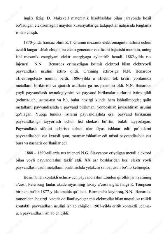 14g2, 12gs, 16gs, 09g2s, 10g2s1, 15gf,15xsnd va boshqa markalari bo‘ladi.) qanday legirlanganligi, mustahkamligini oshirish va po‘latning oqiuvchanlik chegarasining yetarli darajada egiluvchanligini saqlash, zarbiy qovushqoqligi, payvandlanuvchanligini saqlash bilan boradi. issiqlikka chidamli po‘latlardan 600˚s dan oshmaydigan haroratda ishlovchi buyumlar tayyorlanadi (yuqori haroratda ishlaydigan buyumlar issiqlikka chidamli va issiqqa mustahkam po‘latlardan ishlab chiqariladi). payvandlanuvchanligi deganda po`latni biron usulda payvandlaganda darz ketmasdan, g`ovaklashmasdan va boshqa nuqsonlarsiz yuqori sifatli payvand birikma hosil qila olishi tushuniladi. po`latning payvandlanuvchanligiga po`lat tarkibidagi uglerod va legirlangan qo`shilmalar miqdori katta ta’sir qiladi. ma’lum kimyoviy tarkibdagi po`latning payvandlanuvchanligini aniqlash uchun uglerodning ekvivalent tarkibi (cekv) quyidagi formula bo`yicha aniqlanadi: elementlarning simvollari ularning po`latdagi foiz hisobidagi miqdorini ifodalaydi. payvandlanuvchanlik alomatiga qarab po`latlarning hammasini shartli ravishda 4 guruxga bo`linishi mumkin: 1. ekvivalent uglerod miqdori (cekv) 0,25 dan oshmaydigan yaxshi payvandlanadigan po`latlar; bunday po`latlar oddiy usulda payvandlanganda darz ketmaydi. 2. cekv 0,25—0,35 atrofida bo`lgan, qoniqarli payvandlanadigan po`latlar. bunday po`latlar normal ishlab chiqarish sharoitlaridagina, ya’ni atrofdagi …