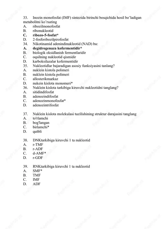 i toping a. digidroorotatdegidrogenaza b. karbamoilfosfatsintetaza* c. ortatfosforibozil transferaza d. omfdekarboksilaza 51. katabolizm birinchi bosqichining kechadigan joyi: a. me’da-ichak traktida b.sitoplazmada . c.mitoxondriyada d. faqat ingichka ichakda 52.katabolizm ikinchi bosqichining kechadigan joyi: a.sitoplazmada b.me’da-ichak traktida c.mitoxondriyada d.faqat ingichka 53.katabolizm uchinchi bosqichining kechadigan joyi: a.mitoxondriyada b.me’da-ichak traktida c.sitoplazmada d.faqat ingichka ichakda 54.katabolizm jarayonini ta’riflang a.yoglarni, oksillarni, uglevodlani pachalanishini b.dnkni xosil bulishi c.oqsilni xosil bulishi d.past molekulyar moddalardan yuqori molekulyar moddalarni hosil bo’lishi 55.katabolizmning 1-chi bosqichida xosil bo’ladigan moddani tanlang: a.monosaxaridlar aminokislotalar, glisterin va yog’ kislotalar b.piruvat c.atsetil koa d.tiaminpirofosfat 56.katabolizmning 2-chi bosqichida xosil bo’ladigan moddani tanlang: a.atsetil koa b.piruvat c.monosaxaridlar aminokislotalar, glisterin va yog’ kislotalar d. tiaminpirofosfat 57.nechta molekula atf atsetil-koani oksidlanishidan xosil bo’ladi? a.12 b.15 c.4 d.1 58.nechta molekula atf pukni oksidlanishli dekarboksillanishidan xosil bo’ladi? a.3 b.12 c.15 d.4 59. nechta molekula atf pukni to’liq (so2 va suvgacha)oksidlanishidan xosil bo’ladi? a.15 b.12 c.3 d.4 60.piruvatdegidrogenaza kompleksi tarkibida nechta koferment bor? …