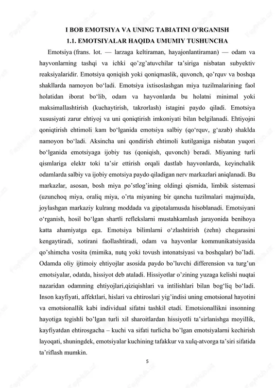 atda, insonning turli-tuman javob reaksiyalari – ehtirosning to’lqinli portlashlaridan tortib, to kayfiyatning nozik tuslarini tushunamiz. psixologiyada emotsiyalar deb kechinmalar shaklidagi inson hayotiy faoliyati uchun tashqi va ichki vaziyatlarni baholash va shaxsiy ahamiyatni aks ettiradigan psixik jarayonlarga aytiladi. emotsiya – shaxsning voqelikka o‘z munosabatini his qilishidan kelib chiqadigan, uning ehtiyoj va qiziqishlari bilan bog’liq bo’lgan yoqimli yoki yoqimsiz kechinmalaridir. ta’riflardan shuni aytish mumkinki, hissiyot tushunchasi emotsiyaga nisbatan kengroq tushuncha bo’lib, shaxsning kundalik hayoti, turmush tarzidagi barcha jabhalarni qamrab oladi. hissiyotlar o’zining yuzaga kelishi nuqtai nazaridan odamning ehtiyojlari, qiziqishlari va intilishlari bilan bog’liq bo‘ladi. masalan, odamning organik ehtiyojlarini qondirishi bilan bog’liq bo’lgan hissiyotlar odamda rohatlanish, qanoatlanish tuyg’usini yuzaga keltiradi. organik hissiyotlarni qondira olmaslik odamning ruhini tushirib, kayfiyatini buzib, azoblanish, toqatsizlanish hissiga sabab bo’ladi. hissiyot odamda sodir bo’layotgan hodisa va narsalardan shaxs sifatidagi odam uchun ahamiyatli bo’lganlari haqida darak beruvchi signallar tizimi hisoblanadi. mazkur holda sezgi a’zolariga ta’sir qiluvchi cheksiz miqdordagi qo’zg’ovchilardan aniq …