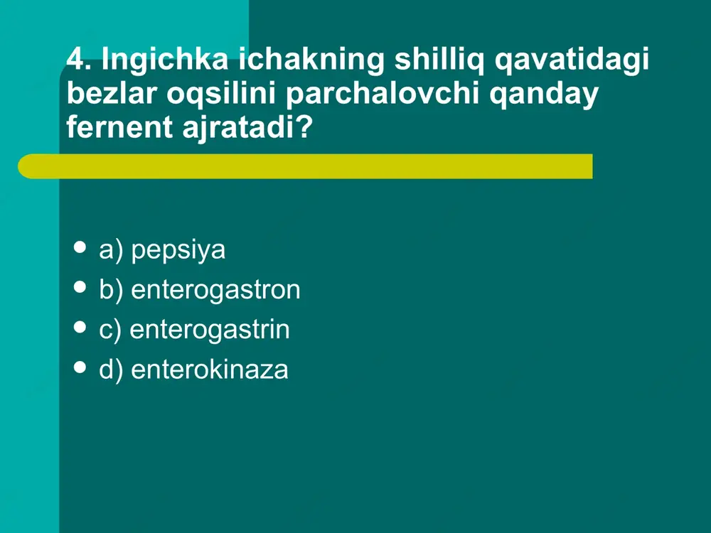 shiralarining qaysi birlarida bo’ladi? a) me’da va o’n ikki barmoq ,ichak shirasida b) so’lak meda osti bezi va ingichka ichak shiralridan c) me’da ostibezi shirasidan d) so’lak me’da osti bezi shirasida 47. hazm qilish yo’lining qaysi bo’limida suv ayniqsa shiddat bilan qonga qayta so’riladi? a) o’n ikki barmoq ichakda b) oshqozonda c) yo’g’on ichakda d) ingichka ichakda 48. quydagi fermentlarning qaysi biri proetazalar guruhini tashkil qiladi? 1.enterokinaza 2.lipaza 3.pepsin 4.tripsin 5.enterogastron 6.amilaza a) 1,4,6 b) 2,3,4 c) 5,6,7 d) 3,4,1 49. qaysi kasalliklar turli organlarga mikroorganizmlar kirib qolishiga sabab bo’ladi? a) tish, angina, og’iz bo’shlig’i kasalliklari b) yurak-qon tomir, o’pka kasalliklari c) jigar va o’pka kasalliklari d) buyrak kasalliklari 50. qaysi moddalar ovqat tarkibida qanday bo’lsa shundayligicha o’zlashtiriladi? 1.suv 2.kraxmal 3.oqsil 4.mineral tuz 5.yog’ 6.glikogen 7.vitamin a) 1,2,3 b) 5,3,1 c) 7,4,1 d) 2,3,5 51. oshqozon osti bezi suyuqligi tarkibida qanday fermentlar bo’ladi? a) pepsin, ptialin, ektenokinaza b) tripsin, lipaza, …