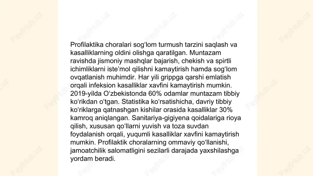 (jsst) ma'lumotlariga ko‘ra, yuqori sifatli tibbiy xizmatlar uchun zamonaviy bilim va ko‘nikmaga ega bo‘lgan kadrlar tayyorlanishi zarur. o‘zbekiston 2020-yildan boshlab davlat budjetidan sog‘liqni saqlash tizimiga 30% ko‘proq mablag‘ ajratdi. 2021 yilda tibbiyot sohasida 10 mingdan ortiq malakali mutaxassislar yetishmayotganligi qayd etilgan. respublikada 2022 yilda 3 mingdan ortiq yangi kadrlarni tayyorlash maqsad etib belgilangan, shu jumladan, 1200 nafari yosh mutaxassislarga ixtisoslashtirilgan kurslarda tahsil berish rejalashtirilgan. ... t.me/slaydai_bot xavflarni baholash va kamaytirish usullari xavfsizlikni ta’minlashda muhim ahamiyatga ega. baholash jarayonida xavf omillari aniqlanadi va ularning ehtimoli hamda ta’siri baholanadi. statistik ma’lumotlar va matematik modellardan foydalaniladi. keyinchalik, xavfni kamaytirish strategiyalari qo'llanadi. masalan, 80% xavf omili nazorat choralari bilan 50% ga, muayyan ehtiyot choralar ko’rilganda esa 30% gacha kamayishi mumkin. xodimlarga treninglar o’tkazish ham muhimdir, bu esa baxtsiz hodisalarning 40% gacha kamayishiga olib kelishi mumkin. doimiy monitoring va qayta baholash orqali xavf darajasi 20%-ga yomonlashishi mumkin, shuning uchun ehtiyot choralari muntazam yangilanishi lozim. ... …