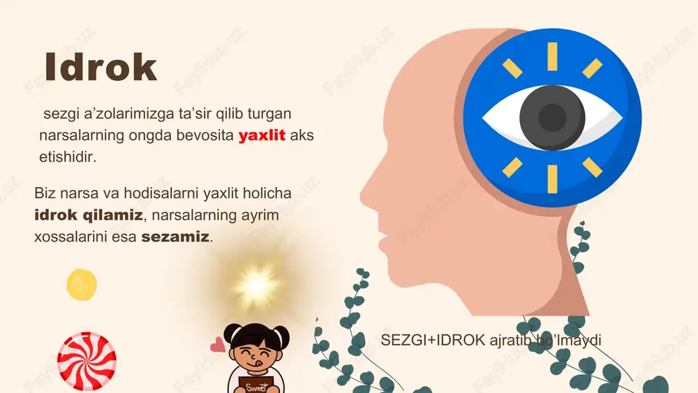 kuzatuvchanlik qobiliyatini mashq qildirish kerak» appersepsiya umuman odam psixikasining hamma mazmuni idrokida namoyon bo`ladi nerv-fiziologik mexanizmi, aftidan, o‘tmishdagi tajribadan hosil bo'lgan bog'lanishlar sistemasidan va ularning yangi hosil bo'layotgan muvaqqat bog'ianishlarga ta’sir ko'rsatishidan iborat dinamik stereotip qo'zg'ovchi ayni bir narsa yoki hodisani ayrim kishilarning idrok etishida ko'rinadigan ba’zi xususiyatlar appersepsiya bilan belgilangan bo'ladi. yoshlari ma’lumotlari turmush tajribalari kasblari sinfiy chiqishlari temperament xarakter qobiliyat qiziqishlari qarab har xil idrok qiladilar idrokka subyektiv mazmun berish: «ildiz» «reaksiya» ayni bir narsa yoki hodisani ayni bir kishi turli vaziyatda turlicha idrok qilavermog'i mumkin, bu hol har gal o'sha kishini kayfiyati, hissiyoti, diqqati, manfaati, maqsadi va hokazolarga qarab ro'y beradi. qushlar ilon odam soch fazoni idrok qilish narsalarning fazodagi shakllarini, ularning fazodagi katta-kichikligini va fazodagi o'zaro munosabatlarini ko'zda tutamiz hamma uch o'lchovida ko'rish (asosan) teri sezgilari muskul-harakat organlari monokulyar binokulyar ko'z gavharining va umuman, ko'zning ravshan ko'rish uchun uyg'unlashuvini akkomodatsiya deb ataladi olislikni, chuqurlikni, relyefni ko‘z …