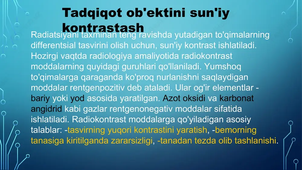 eritmalari. bu dori vositalarining katta guruhi. dori-darmonlar yurakning qon tomirlari va bo'shliqlarini kontrast qilish uchun ishlatiladi. bularga, masalan, urografin va boshqalar kiradi. ● ushbu dorilar siydik tizimi tomonidan chiqariladi, shuning uchun ular buyraklar, siydik yo'llari va siydik pufagining kompleksini o'rganish uchun ishlatilishi mumkin. ● yaqinda yod o'z ichiga olgan organik birikmalarning yangi avlodi paydo bo'ldi - noionik (omnipak, ultravist), ularning osmolyarligi ionlarga qaraganda ancha past va qon plazmasining osmolyarligiga yaqinlashadi. natijada, ular ion monomerlarga qaraganda sezilarli darajada kamroq zaharli. mrt bosh miya o‘sma aniqlanganda kontast bilan tekshirish yuqori effektiv aniqlashga yordam beradi. mrt kontrastsiz va kontrast bilan sut bezlari tekshirilgan va o‘sma aniqlangan. angiografiya — bu qon va limfa tomirlarini kontrast modda yordamida rentgenologik usul bilan tasvirga olish jarayoni. ushbu usul tomirlarning holatini baholash, ularning torayishi, tıxalishi yoki kengayishini aniqlashda qo'llaniladi. angiografiyaning turlari: arteriografiya: arteriyalarni tekshirish. flebografiya (venografiya): venalarni tekshirish. kapillyarografiya: kapillyarlarni tekshirish. limfografiya: limfa tomirlarini tekshirish. shuningdek, tekshirilayotgan sohalarga …