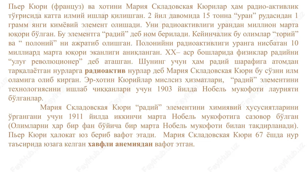 niqladi: agar kvarts plastinkani egsak uning qirralarida “+” va “-” zaryad hosil bo'ladi. bu bosim elektr toki deyiladi (pezo – bu bosim). bu yuqori tokda yuqori tebranish sodir bo'ladi. buni “rezonans” deyiladi. uzi usuli shunga asoslangan. v) kompyuter tomografiya – ichki organlarni qavatma-qavat tekshiradigan usul bo'lib, bu usul 1972 yili godfri xaunsfildom va allanom makleod kormak tomonidan ixtiro etilgan. godfri xaunsfild allanom makleod kormak kt – o'ta sezgir usul bo'lib, zichligi 1-2% farq qiladigan a'zo va to'qimalarni differentsiatsiya qila oladi. (r-grammada bu ko'rsatkich 15-20%ni tashkil qiladi). xar to'qima rentgen nurini o'zidan xar hil o'tkazadi. shunga asoslanib xaunsfild shkalasi tuzilgan. shu shkala bo'yicha suv koeffitsienti “0”ga teng qilib olingan. suyakning zichligi +1000ga, havoni zichligi -1000ga teng. parenximatoz organlarda bu kattalik 100 (xaunsfild birligi) atrofida. kesish qatlami qancha ko'p bo'lsa, bemor kompyuter tomografiyada shuncha ko'p nurlanish oladi. kompyuter tomografiya skt va mskt apparatlarida tekshirish vaqti qisqartirilgan, shuning uchun bemor oz nurlanish oladi. …