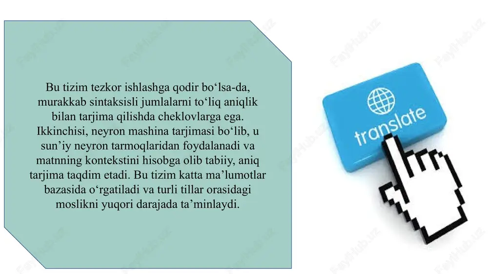 mlalarni tarjima qiladi d) faqat bitta tilni qo‘llab-quvvatlaydi test 9. tarjima dasturlari qaysi sohalarda ishlatiladi? a) faqat ilmiy ishda b) faqat sayohatlarda c) internet, ilmiy tadqiqot, biznes va sayohatlarda d) faqat televideniyada 10. google translate va deepl qaysi nuqtada bir xil? a) ikki tizim ham neyron tarmoqlarga asoslangan b) ikki tizim ham qoidaga asoslangan c) ikki tizim ham statistik d) hech biri 11. tarjima dasturlarining cheklovlari qaysi? a) matnni tez tarjima qiladi b) ba’zi murakkab matnlarni noto‘g‘ri tarjima qilishi mumkin c) foydalanuvchi qulayligi d) tilni keng qo‘llab-quvvatlaydi 12. gibrid tizim nima? a) faqat qoidaga asoslangan b) statistik va qoidaga asoslangan c) faqat neyron tarmoqlar d) faqat mobil ilova 13. tarjima dasturlari yosh avlod uchun qanday foyda beradi? a) til o‘rganishni qiyinlashtiradi b) chet tillardagi matnlarni tushunishga yordam beradi c) faqat internetda ishlaydi d) faqat audio matnlarni tarjima qiladi 14. apertium tizimining asosiy kamchiligi nima? a) tabiiy tarjima qila olmaydi b) …