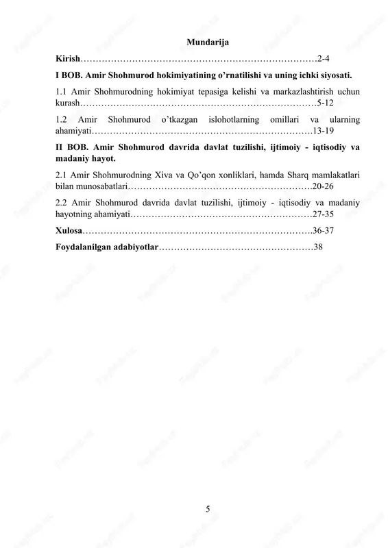 mronligi bo’yicha hamid ziyayevning “xviii asrda o’rta osiyo va sibir”, b.eshovning “o’zbekistonda davlat va mahalliy boshqaruv tarixi”, rustam shamsutdinovning “vatan tarixi”, p.p. ivanovning “ocherki po istorii sredney azii(xvi-xix vv.)”, anke fon kyugelkenning “legitimizatsiya sredneaziatskoy dinastii mangitov v proizvedeniyax ix istorikov(xviii-xix vv.)”, veselovskiy n. “mangitskaya dinastiya, nine tsarstvuyushaya v buxare”, bartold v.v. “sochinenie”, sadriddin ayini “ta’rixi amironi mangitiyai buxoro”, r.burnasheva "moneti buxarskogo xanstva pri mangitax”, e.a. davidovich “o merax vesa pozdnesrednevekovoy buxari”, m.a.abduraimov “ocherki agrarnix otnosheniy v buxarskom xanstve v xvi pervoy polovine xix veka” n.v.xanikov “opisanie buxarskogo xanstva”, p.i.demezon “zapiski o buxarskom xanstve”, a. zamonov, a. egamberdiyev “buxoro amirligi tarixi” va boshqa asarlarda ma’lumotlar uchraydi[footnoteref:1]. tadqiqotning usullari: tarixiylik, tizimlashtirish, qiyosiy, muammoviy xronologik hamda fanlararo yondashuv kabi ilmiy tadqiqot usullari hamda xolislik tamoyillaridan foydalanildi. kurs ishi tarkibining qisqacha tavsifi. tadqiqot ishi kirish, 2 ta bob, 4 ta paragraf, xulosa, foydalanilgan manbalar va adabiyotlar ro‘yxatidan iborat. [0: karimov i.a. biz kelajagimizni o'z …