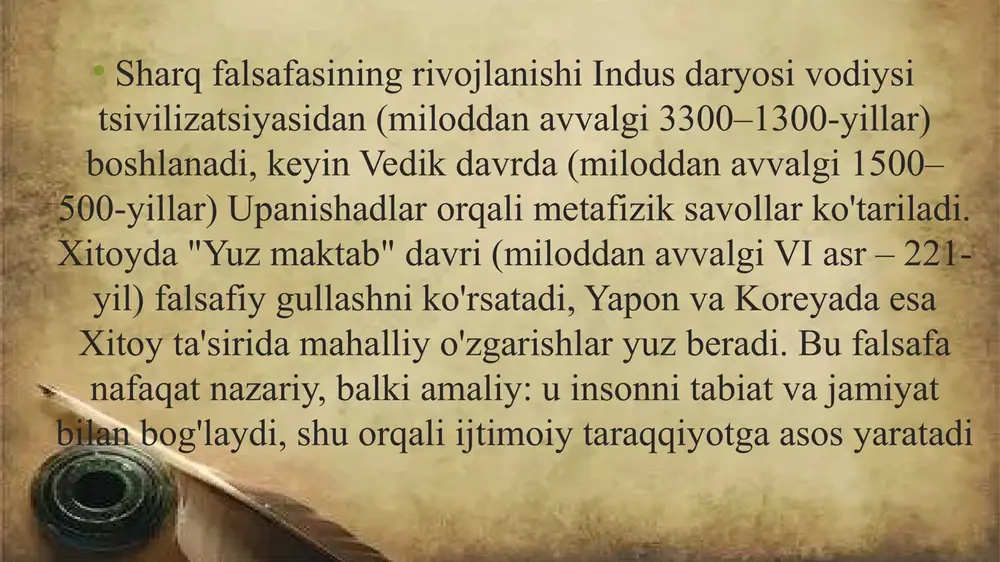 alsafaning birligi: falsafa mifologiya va din bilan birga fan qo‘ynida rivojlangan. olimlar matematika, astronomiya, tibbiyot va geografiyada tajribaga tayanib ishlaganlar. inson omili va axloqiy ta’limotlar: insonning ruhiy va axloqiy kamoloti markazda bo‘lgan. “komil inson” g‘oyasi targ‘ib etilgan, axloqiy risolalar (masalan, “qutadg’u bilig”, “guliston”) shakllangan. asosiy faylasuflar va ularning hissalari al-kindiy (ix asr): “arab faylasufi” deb atalgan, aristotel va platon ta’limotlarini islom bilan uyg‘unlashtirgan, mantiq va metafizikaga asos solgan. al-forobiy (870-950): “ikkinchi muallim” (birinchisi – aristotel), “fozil odamlar shahri” asarida ideal jamiyatni tasvirlagan, borliqni emanatsiya orqali tushuntirgan, bilishni sezgi va aql birligi deb hisoblagan. asosiy faylasuflar va ularning hissalari al-beruniy (973-1048): empirik metodni rivojlantirgan, “hindiston” va “qadimgi xalqlardan qolgan yodgorliklar” asarlarida tabiatni ob’ektiv qonunlar bilan o‘rgangan, astronomik asboblarni takomillashtirgan. asosiy faylasuflar va ularning hissalari asosiy faylasuflar va ularning hissalari ibn sino (avitsenna, 980-1037): 300 dan ortiq asar muallifi, “tib qonunlari”da tibbiyotni tizimlashtirgan, olamni azaliy deb hisoblagan, mohiyatni uch tarzda izohlagan. uyg‘onish …