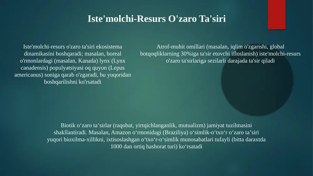 (10 ta kiyik/km², 5 xil asalarilar tomonidan changlatish) hamjamiyat tarkibini shakllantiradi. abiotik omillar (quyosh nuri intensivligi 1000 µmol/m²/s, sho'rlanish 35 ppt) birlamchi hosildorlikka (15 g/m²/yil) va turlar xilmaxillikka (shannon indeksi 2.5) ta'sir qiladi. jamiyat tuzilmasi (masalan, 30% eman, 20% qarag'ay, 50% o'tloqi qoplama) ma'lum yashash joylarida (masalan, yellowstone milliy bog'ining boreal o'rmoni) turlar o'zaro ta'siri (raqobat, yirtqichlarning ta'siri)ni aks ettiradi ekologik omillar (harorat 20-30°c, yog'in 1000 mm/yil) biotik (o'simlik biomassasi 500 g/m², sut emizuvchilar zichligi 2/ga) va abiotik (tuproq ph 6.5, erigan kislorod 8 mg/l) komponentlarga sezilarli ta'sir ko'rsatadi aholi dinamikasi ekosistema ekologiyasi 200,000 turga boy tropik o'rmonlarida energiya oqimini (10% qoidasi) o'rganadi, bu yerda gidro-edafik omillar (tuproq namligi, ozuqa moddalarining mavjudligi) o'simlik unumdorligiga ta'sir qilib, 500,000 qush turining tarqalishini belgilaydi ekologik omillar – biotik (100 eman turi o'rtasidagi raqobat) va abiotik (appalachi tog'laridagi tuproq ph 5.5) 2 000 000 kv.km hududda turlar xilma-xilligini (10 000 o'simlik turi) va tarqalishini …