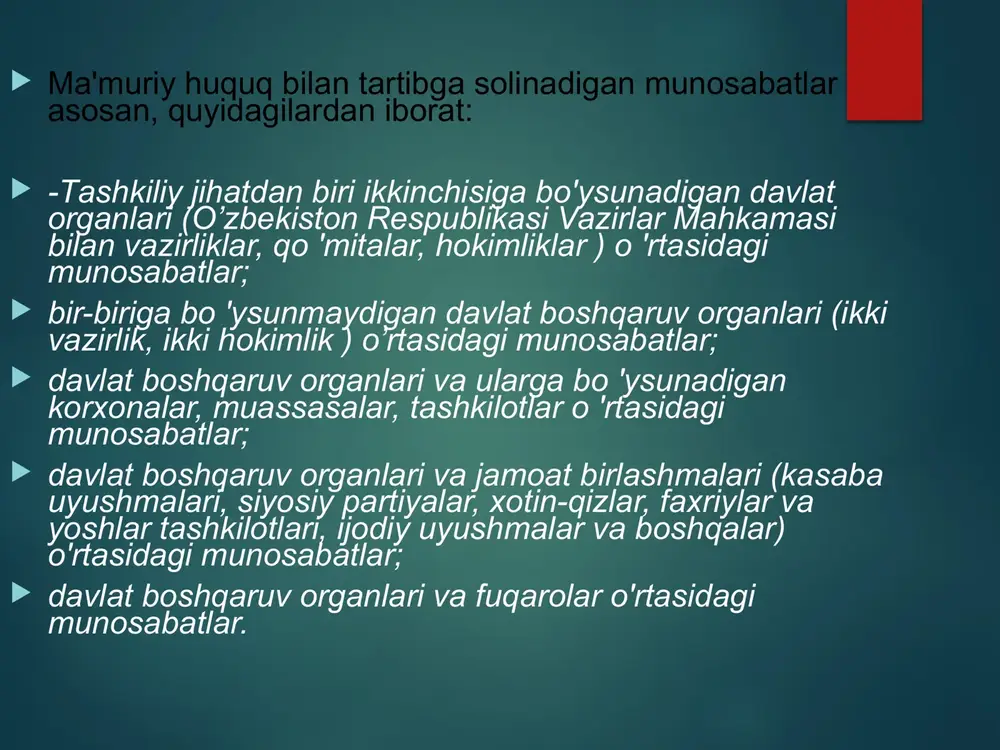 a soladi. moliya huquqining asosiy vazifasi o`zbekiston respublikasi milliy daromadini taqsimlash va qayta taqsimlash jarayonidagi ijtimoiy munosabatlarni tartibga solishdan iboratdir. ma`muriy majburlov ma'muriy-protsessual munosabatlarni amalga oshirish barcha huquqiy munosabatlar singari, davlatning ta'sir choralari bilan ta'minlanadi. ular turli-tuman bo`lib, faqatgina majburlov choralari bilan chegaralanmaydi. ijro hokimiyati organlari faoliyatida vujudga keladigan aksariyat ma'muriy-protsessual munosabatlarni amalga oshirishda davlatning majburlov choralarini qo`llash zaruriyati mavjud emas. ma’muriy huquq sub’ektining muomala layoqati bu shaxsning huquq layoqati orqali ega bo‘lgan davlat boshqaruviga oid huquq va majburiyatlarni mustaqil amalga oshira olish qobiliyati, layoqatidir. ma’muriy muomala layoqati shaxsning yoshiga qarab turli yillarda vujudga kelishi mumkin. masalan, u 6-7 yoshga kirganida o‘rta ta’lim maktabiga qatnab bilim olish huquqi (ayni paytda bu majburiyat ham)ni amalga oshiradi, 18 yoshga to‘lganida esa avtomobilni qonuniy boshqarish layoqatiga ega bo‘ladi va h.k. mazkur ikkita holatning bir-biridan farqi shundaki, birinchi misolimizda shaxsda muomala layoqati qisman, ikkinchisida esa to‘liq vujudga kelmoqda. muomala layoqati shaxs 18 yoshga yetganida …