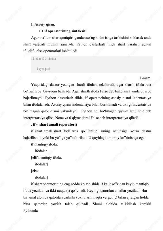 t( ) eslatma! amalda operatorlarni bir satrga nuqtali vergul bilan ajratib yozish tavsiya etilmaydi. if ..else operatori birdaniga bir nechat shartlarni tekshirishga imkon beradi. misol orqali ko’rib chiqamiz (4.2-misol) 4.2-misol. bir nechta shartlarni tekshirish # -*- coding : utf-8 - * - print ("""qaysi operatson tizimdan foyadalanasiz? 1 - windows 8 2 - windows 7 3 -windows vista 4 - windows xr 5 - boshqa""") os = inrut ("javobingizga mos sonni kiriting:") if os == "1": print ("siz windows 8 ni tanladingiz") elif os == "2": print (" siz windows 7 ni tanladingiz") elif os == "3": print ("siz windows vistani tanladingiz" ) elif os == "4": print ("siz windows xp ni tanladingiz") elif os = = "5": print ("siz boshqa ni tanladingiz") elif not os : print ("son kiritmadingiz") else: print ("siz tanlagan ot ni aniqlay olmadik") input( ) if ... else operatori yana bir boshqa formatda ham qo’llaniladi: …