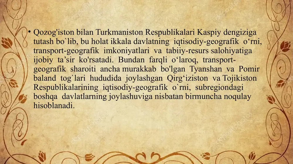 'zbekistonda ham tojiklar, qozoqlar, qirg'izlar va turkmanlar vakillari salmoqlidir. markaziy osiyo davlatlari bmt tomonidan qabul qilingan jahon mamlakatlarining tasnifi nuqtayi nazaridan. o'tish iqtisodiyotidagi davlatlar toifasiga mansub. markaziy osiyo mamlakatlarining umumiy yim hajmi 2022-yil yakunlari bo'yicha, xalqaro valyuta fondi (xvf) ma’lumotlariga ko'ra. 800 mlrd aqsh dollariga teng. beshta mamlakat ichida yim hajmi bo'yicha birinchi o‘rin qozog'iston, ikkinchi o'zbekiston, uchinchi turkmaniston, to'rtinchi tojikiston va beshinchi o'rinda qirg'iziston turadi. subregion bo'yicha umumiy ishlab chiqarish hajmining 56.4% qozog'istonga. 25.8% esa o'zbekistonga to'g'ri kelsa. turkmaniston.tojikiston va qirg'iziston ulushlari. mos ravishda. 11.8, 3.3 va 2.7 % ga teng. subregion davlatlari ijtimoiy-iqtisodiy vaziyatining umumiy xususiyatlari, ularning yaqin o'tmishgacha yagona siyosiy va iqtisodiy makonda rivojlanganligidan kelib chiqib, iqtisodiyoti asosan mineral bom ashyo va yer-suv resurslariga tayanganligi, sanoatni rivojlantirish, uning yangi korxona, tarmoq va hududiy markazlarini tashkil etishga intilish, qishloq xo'jalik ixtisoslashuvi o'xshashligi, tashqi iqtisodiy aloqalarning umumiy yo'nalishlarida, ya'ni xitoy, rossiya, koreya respublikasi, turkiya, yevropa davlatlari bilan amalga oshirilishida …