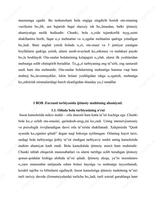 natijasida orttiriladigan fazilatlardir. garchand inson kamolotiga ta‟sir etadigan omillar bir qancha bo„lsa ham, lekin maxsus tarbiya muassasalarida tarbiyachi rahbarligida amalga oshiriladigan tarbiya jarayoni yetakchi hisoblanadi. chunki, birinchidan, tarbiya ta‟sirida turli fazilatlar o„zlashtiriladi va bilim, ma‟lumot egallanadi, mehnat va texnik faoliyat bilan bog„liq ko„nikmalar, malakalar ham maxsus uyushtirilgan tarbiya orqali hosil qilinadi. ikkinchidan, tarbiya tufayli tug„ma kamchiliklarni ham o„zgartirib, shaxsni kamolga yetkazish mumkin. masalan, ko„rlar, gunglar ham o„qitilib, sog„lom kishilar qatori hayotga tayyorlanadi. uchinchidan, tarbiya yordamida muhitning salbiy ta‟sirini ham yo„qotish yoki bartaraf qilish mumkin. to„rtinchidan, tarbiya doimo kelajakka qaratilgan maqsadni belgilaydi. shu tufayli, u shaxsning kamolga yetishini tezlashtiruvchi rol o„ynaydi. inson kamol topishida maktabning ahamiyati katta. bblalar maktabga qadam qo„yar ekan, ular 7 o„quv mehnati bilan band bo„ladilar. bolalar maktabda fan asoslarini egallash bilan birga, ularda sekin-asta ilmiy dunyoqarash shakllanib boradi. o„qituvchitarbiyachilarning rahbarligida insonga xos bo„lgan yuksak fazilatlarni egallaydilar. tarbiyaviy ishlarni reja asosida tashkil etish, bolani tarbiyalashda oilaga har vaqt …
