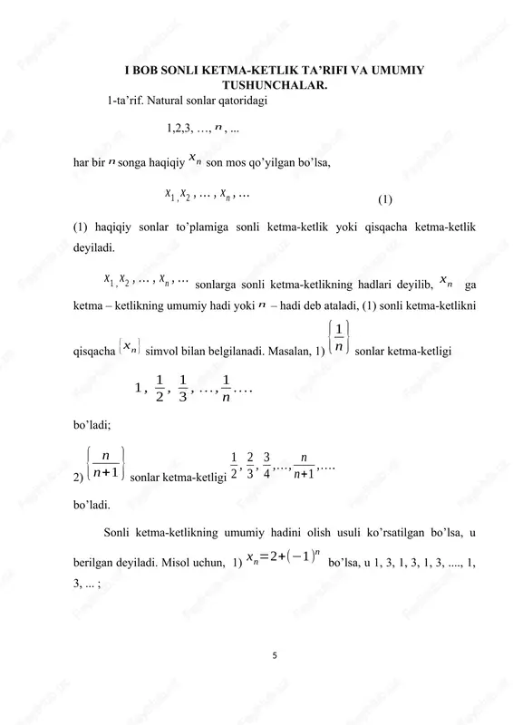ssalarga ega. 2-teorema. ikkita cheksiz kichik ketma-ketliklarning algebraik yig’indisi yana cheksiz kichik ketma-ketlik bo’ladi. isbot. va cheksiz kichik ketma-ketliklar bo’lsin. bu cheksiz kichik ketmk-ketliklar uchun, istalgan son uchun raqam topiladiki, lar uchun, tengsizlik, raqam topiladiki, lar uchun tengsizliklar bajariladi. desak, lar uchun birdaniga , tengsizliklar bajariladi. shunday qilib, bњladi. bu ketma-ketlikning cheksiz kichik ekanligini bildiradi. natija. istalgan chekli sondagi cheksiz kichiklarning algebraik yig’indisi yana cheksiz kichik ketma-ketlikdir. 3-teorema. ikkita cheksiz kichik ketma-ketlikning ko’paytmasi, cheksiz kichik ketma-ketlik bo’ladi. isbot. va lar cheksiz kichik ketma-ketliklar bo’lsin. ketma-ketlikning cheksiz kichikligini isbotlash talab etiladi. cheksiz kichik bo’lganligi uchun, istalgan son uchun shunday raqam topiladiki, lar uchun cheksiz kichik ketma-ketlik bo’lganligi uchun uchun shunday topiladiki lar uchun bajariladi. deb olsak, lar uchun ikkala tengsizlik ham bajarilib, bo’ladi. bu ketma-ketlikning cheksiz kichikligini bildiradi. natija. istalgan sondagi cheksiz kichiklarning ko’paytmasi yana cheksiz kichik bo’ladi. eslatma. ikkita cheksiz kichiklarning nisbati cheksiz kichik bo’lmasligi mumkin, masalan, cheksiz kichiklarning nisbati …