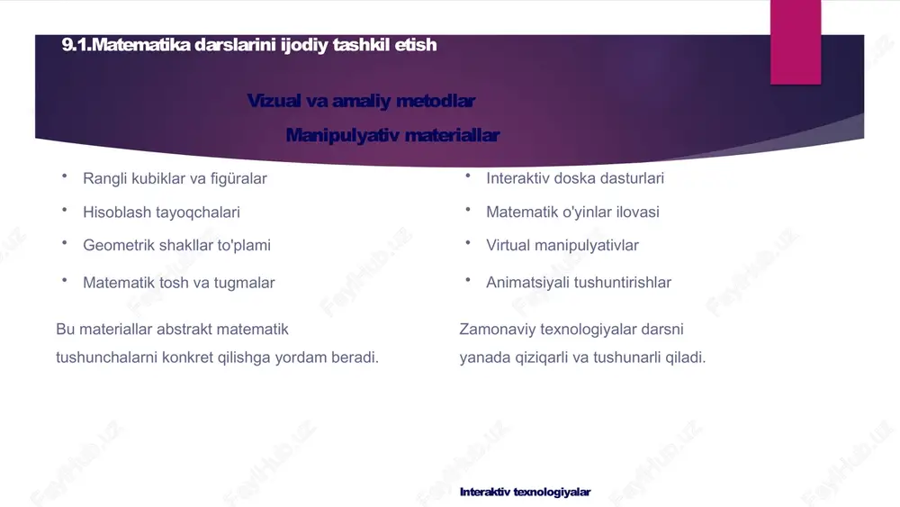iziqarli faktlar interaktiv burchaklar o'quvchilar o'zi ishtirok eta oladigan materiallar o'quvchi ishlari eng yaxshi matematik loyihalar va yechimlar matematik asboblar turli o'lchov va hisoblash vositalari kitoblar va jurnallar matematik mavzulardagi bolalar adabiyotlari 9.4.ko'rgazmalar tashkil qilish 16 samarali ko'rgazma yaratish qoidalari dizayn tamoyillari yorqin va jozibali ranglar ishlatish matnni katta va o'qish uchun qulay qilish rasmlar va diagrammalardan keng foydalanish materiallarni muntazam yangilab turish o'quvchilarning yoshi va darajasiga mos tanlash joylashuv strategiyasi ko'rgazma materiallari o'quvchilarning ko'z balandligida va osongina ko'rinadigan joylarda joylashtirilishi kerak. eng muhim ma'lumotlar markaziy joyga, qo'shimcha tafsilotlar yon tomonlarga joylashtiriladi. 9.4.ko'rgazmalar tashkil qilish 17 interaktiv ko'rgazma elementlari aylanuvchi disklar ko'paytirish jadvalidagi sonlarni o'rganish uchun aylanuvchi disklar tayyorlash. o'quvchilar diskni aylantirib, turli sonlarning ko'paytmasini topishi mumkin. cho'ntak materiallar turli matematik kartochkalar va topishmoqlarni saqlash uchun maxsus cho'ntaklar yaratish. bu materiallar o'quvchilar tomonidan erkin ishlatilishi mumkin. matematik jumboqlar devoriga osilgan katta jumboqlar va rebuslar o'quvchilarning mantiqiy fikrlashini rivojlantiradi va ularni …