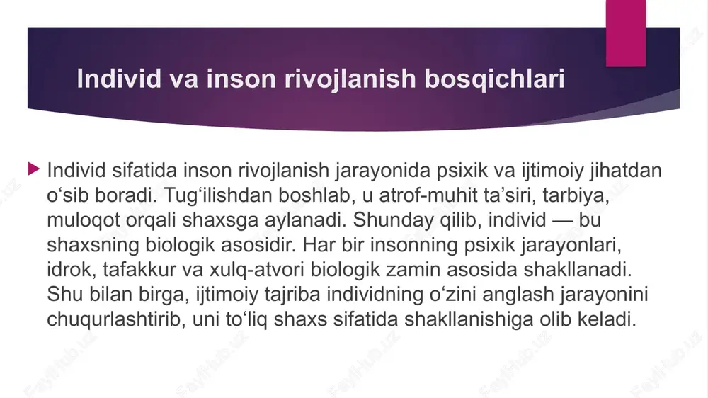 todlari orqali shaxsning noyob jihatlarini aniqlash mumkin. bu jarayon ta’limda differensial yondashuvni qo‘llash, har bir o‘quvchining shaxsiy rivojlanish yo‘lini belgilash uchun xizmat qiladi. individ, shaxs va individuallikning o‘zaro bog‘liqligi individ, shaxs va individuallik tushunchalari bir-biri bilan uzviy bog‘liqdir. individ — biologik asos, shaxs — ijtimoiy shakl, individuallik esa bu ikkisining uyg‘un natijasidir. har bir inson bu uch daraja orqali to‘liq rivojlanadi. shu sababli, insonni tarbiyalashda bu uchlikni bir butun tizim sifatida ko‘rib chiqish muhimdir. xulosa individ, shaxs va individuallik insonning biologik, ijtimoiy va ruhiy mohiyatini ochib beradi. ularni chuqur o‘rganish insonning o‘zini anglashiga, jamiyatdagi o‘rnini belgilashiga va ijodiy salohiyatini rivojlantirishga xizmat qiladi. ta’lim jarayonida bu tushunchalarning mohiyatini ochib berish o‘quvchilarni ijtimoiy faol, mas’uliyatli va mustaqil fikrlovchi shaxslar sifatida shakllantirishning asosi hisoblanadi. eʼtiboringiz uchun rahmat! image1.jpeg image2.jpeg image3.jpeg image4.jpeg image5.jpeg image6.jpeg image7.jpeg image8.jpeg image9.jpeg image10.jpeg image11.jpeg image12.jpeg /docprops/thumbnail.jpeg