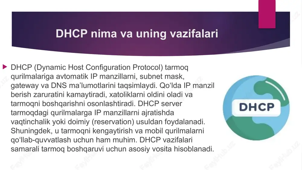 ip manzillari o‘zgarib turganda domen nomlarini avtomatik yangilaydi. bu, masalan, dhcp orqali berilgan vaqtinchalik iplar uchun muhim. ddns yordamida tarmoq administratorlariga ip va nomlar mosligini qo‘lda kuzatishga hojat qolmaydi. shu bilan tarmoqdagi qurilmalar har doim domen nomi orqali aniqlanadi va xizmatlar uzluksiz ishlaydi. ddns xavfsizlik va samaradorlikni oshiradi. tarmoq xizmatlarini nazorat qilish dhcp va dns serverlarining holatini nazorat qilish muhim. windows server monitoring, event viewer va powershell yordamida xizmatlarni tekshirish mumkin. nazorat yordamida ip taqsimoti, rekordlar yangilanishi va so‘rovlar holati kuzatiladi. tarmoqqa nosozliklar va xatoliklar aniqlanadi, ularni tezkor tuzatish imkoniyati paydo bo‘ladi. doimiy monitoring tarmoq barqarorligini va xavfsizligini ta’minlaydi. zaxira va tiklash dhcp va dns konfiguratsiyalarini muntazam zaxira qilish zarur. windows server bu xizmatlar uchun eksport/import funksiyasini taqdim etadi. zaxira yordamida noto‘g‘ri konfiguratsiyalar, server nosozligi yoki ma’lumot yo‘qolishidan keyin xizmatlarni tez tiklash mumkin. shu bilan birga, zaxira rejalari tarmoq xavfsizligini oshiradi va ish jarayonining uzluksizligini ta’minlaydi. tiklash jarayoni oddiy va …