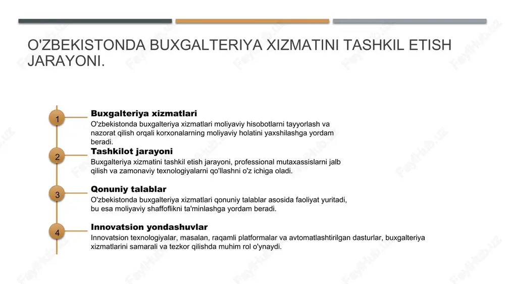 n moliyaviy yo'nalishlarni belgilaydi. 04 innovatsion yechimlar o'zbek biznesida moliya boshqaruvi innovatsion texnologiyalarni joriy etish orqali samaradorlikni oshiradi va raqobatbardoshlikni kuchaytiradi. o'zbekistondagi kichik va o'rta bizneslar uchun buxgalteriya xizmatlari. kichik bizneslar kichik bizneslar uchun buxgalteriya xizmati moliyaviy hisobotlarni tayyorlash va soliqlarni to'lashda muhim rol o'ynaydi, bu esa ularning muvaffaqiyatini ta'minlaydi. o'rta bizneslar o'rta bizneslar uchun buxgalteriya xizmatlari yanada murakkab moliyaviy operatsiyalarni boshqarishga yordam beradi, bu esa strategik qarorlar qabul qilishda qo'llaniladi. sifatli xizmatlar sifatli buxgalteriya xizmatlari, kichik va o'rta bizneslar uchun moliyaviy shaffoflikni oshiradi va investorlar ishonchini ta'minlaydi, bu esa o'sishga imkon beradi. buxgalteriya xisobi va qonuniy talablar: o'zbekistonda muhim jihatlar. o'zbekistonda buxgalteriya xisobi va qonuniy talablar moliyaviy shaffoflikni ta'minlashda muhim rol o'ynaydi. buxgalteriya hisobi qonunchilikka mos ravishda amalga oshirilishi kerak, bu esa biznes jarayonlarining samaradorligini oshiradi. - qonuniy talablar o'z ichiga soliq qonunlari, hisobot talablarini va audit jarayonlarini oladi. - buxgalteriya xisobi orqali kompaniyalar o'z moliyaviy holatini aniq ko'rsatishi …