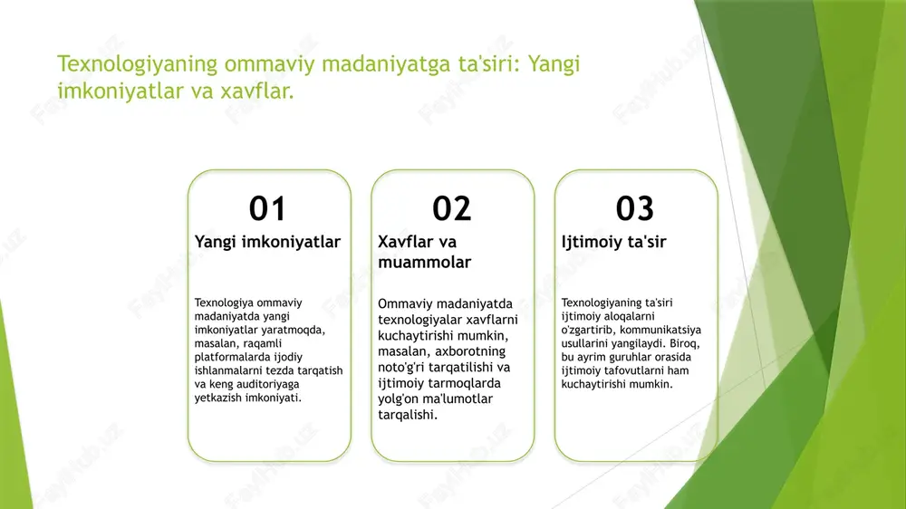 mustaqillikdan so'ng, xalqni ma'rifiy va madaniy jihatdan rivojlantirishda muhim rol o'ynadi, milliy identitetni mustahkamladi. 02 global ta'sir o'zbek mediasi, xalqaro miqyosda, global madaniyat va axborot almashinuvi orqali o'zining o'ziga xosligini namoyon etadi va yangi imkoniyatlar yaratadi. 03 madaniyat va identitet o'zbek mediasi, milliy madaniyatni saqlab qolish va yangilashda muhim ahamiyatga ega, bu esa millatning o'ziga xosligini ta'minlaydi. 04 ijtimoiy o'zgarishlar o'zbek mediasi, ijtimoiy o'zgarishlarni yoritishda, fuqarolik jamiyatining rivojlanishiga hissa qo'shib, jamiyatda muhim muhokamalarni olib boradi. jamiyatda media texnologiyalarining roli va ta'siri. 01 media texnologiyalari media texnologiyalari jamiyatda axborot tarqatishda, fikr almashishda va ijtimoiy aloqalarni rivojlantirishda muhim rol o'ynaydi. 02 ijtimoiy ta'sir media texnologiyalari ijtimoiy munosabatlarni o'zgartirib, yangi kommunikatsiya shakllarini yuzaga keltiradi, bu esa jamiyatda innovatsiyalarni rag'batlantiradi. 03 raqamli transformatsiya raqamli transformatsiya orqali media texnologiyalari jamiyatni rivojlantirishda yangi imkoniyatlar tug'diradi, axborotga tezkor kirishni osonlashtiradi. ommaviy aloqa va uning jamiyatdagi o'rni. ommaviy aloqa tushunchasi ijtimoiy rol raqamli davr ta'siri ommaviy aloqa, ma'lumotlarni …