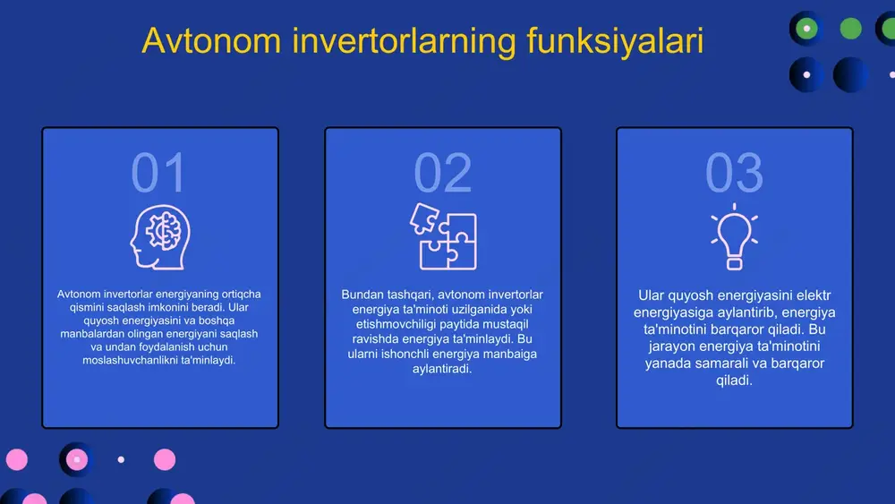 elgilaydi va investitsiya samaradorligini ta'minlaydi. kichik narxli invertorlar ko'pincha qisqa muddatda foydalanish uchun mo'ljallangan bo'lsa, yuqori narxlilari uzoq muddatli foydalanish uchun ko'proq imkoniyatlar va kafolatlar taklif etadi. xarajatlarni kamaytirish uchun bir qancha strategiyalar mavjud. birinchidan, invertorlarni xarid qilishda doimiy ravishda aktsiyalarni va chegirmalarni kuzatish tavsiya etiladi. ikkinchidan, energiya samaradorligini oshirish orqali xarajatlarni kamaytirish mumkin, masalan, quyosh energiyasidan foydalanish. shuningdek, invertorlarni muntazam ravishda texnik xizmat ko'rsatish va yangilash orqali ularning samaradorligini oshirish va uzoq muddatli xarajatlarni kamaytirish mumkin. avtonom invertorlar uchun qo'shimcha tavsiyalar avtonom invertorlarni tanlashda quyidagi qo'shimcha tavsiyalarni inobatga olish muhimdir: 1. **xizmat ko'rsatish**: invertorning xizmat ko'rsatish darajasi muhim ahamiyatga ega. ular uchun professional xizmat ko'rsatish markazlarining mavjudligi va qismlarni almashtirish imkoniyatlarini o'rganing. 2. **kafolat muddatlari**: tanlangan invertorning kafolat muddatini diqqat bilan ko'rib chiqing. uzun muddatli kafolatlar ko'pincha yaxshiroq sifatni anglatadi. 3. **iste'molchilar uchun maslahatlar**: iste'molchilarning fikrlari va sharhlarini o'rganing. boshqa foydalanuvchilarning tajribasi sizga yaxshi invertor tanlashda yordam beradi. **yaxshi …