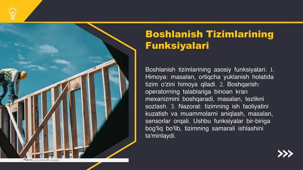 va masofadan boshqarish tizimlari muhim o'rin egallaydi. yangi elektr yuritmalarining qo'llanilishi innovatsion texnologiyalarni amalga oshirishda katta imkoniyatlar yaratadi. misol sifatida, smart texnologiyalar va iot asosidagi tizimlar kran mexanizmlarini yanada samarali va xavfsiz ishlashini ta'minlaydi. yangi elektr yuritmalarining afzalliklari: 1. tezlik va samaradorlikni oshirish, 2. energiya tejamkorligi, 3. ishlash muddatini uzaytirish. yangi elektr yuritmalari kran mexanizmlari uchun muhim afzalliklarga ega. ular ish jarayonlarini tezlashtirib, samaradorlikni oshiradi. energiya tejamkorligi yuqori bo'lib, xarajatlarni qisqartirishga yordam beradi. shuningdek, ularning ishlash muddatini uzaytirishi mexanizmlarning xizmat muddatini oshiradi. yangi elektr yuritmalari: afzalliklari asosiy afzalliklar inson-faktor va texnologiya integratsiyasi inson-faktor kran mexanizmlarining samaradorligini oshirishda muhimdir. operatorlarning malakasi va tajribasi texnologiyalar bilan integratsiya jarayonlariga ta'sir qiladi. texnologiyalar inson omilini optimallashtirish, ish jarayonlarini osonlashtirish va xavfsizlikni ta'minlashda yordam beradi. kran mexanizmlarida inson omilining ahamiyati uning samarali ishlashi va texnik ko'rsatkichlarga ta'sirida ko'rinadi. bunday integratsiya jarayonlari yangi texnologiyalarni joriy etish orqali rivojlanadi. photo by scott blake on unsplash innovativ yechimlar …