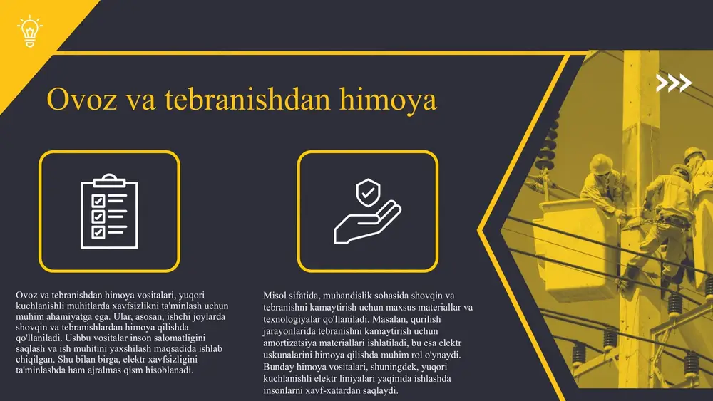 gacha bo'lgan kuchlanishlarda foydalanish uchun mo'ljallangan ximoya vositalari quyidagilardan iborat: 1. elektrik himoya qo'lqoplari - yuqori kuchlanishdan himoya qilish uchun mo'ljallangan. 2. izolyatsion poyafzal - elektr urishidan himoya qiluvchi maxsus materiallardan tayyorlangan. 3. izolyatsion matolar - ish joylarida xavfsizlikni oshirishga yordam beruvchi vositalar. ushbu vositalar uchun muayyan sertifikatlar talab etiladi, masalan, iso 9001 va iec 61482 standartlari. ishlab chiqarish jarayonida xavfsizlikni ta'minlash uchun barcha hujjatlar, sertifikatlar va sinov natijalari mavjud bo'lishi lozim. photo by scott blake on unsplash xavfsizlik standartlarining kelajagi yangi texnologiyalar va o'zgaruvchan talablar xavfsizlik standartlarini doimiy ravishda rivojlantirishni taqozo etadi. 1000 v gacha bo'lgan kuchlanishlarda ishlatiladigan ximoya vositalari, masalan, avtomatik o'chirish tizimlari va izolyatsiya materiallari, kelajakda muhim rol o'ynaydi. kelajakda mavjud muammolar, masalan, yangi energiya manbalaridan foydalanish va ularga mos ximoya standartlari yaratish zarurati, shuningdek, imkoniyatlar, masalan, innovatsion materiallar va texnologiyalarni ishlab chiqish kabi masalalarni o'z ichiga oladi. photo by josh olalde on unsplash ximoya vositalarini tanlashning …