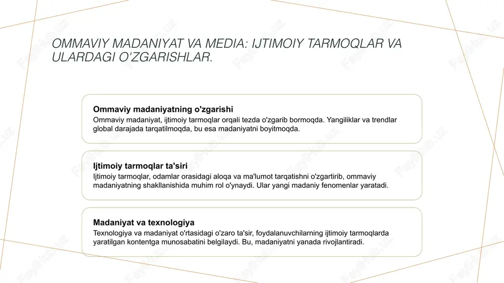 ratadi. 03 madaniyat va identitet o'zbek mediasi, milliy madaniyatni saqlab qolish va yangilashda muhim ahamiyatga ega, bu esa millatning o'ziga xosligini ta'minlaydi. 04 ijtimoiy o'zgarishlar o'zbek mediasi, ijtimoiy o'zgarishlarni yoritishda, fuqarolik jamiyatining rivojlanishiga hissa qo'shib, jamiyatda muhim muhokamalarni olib boradi. jamiyatda media texnologiyalarining roli va ta'siri. 01 media texnologiyalari media texnologiyalari jamiyatda axborot tarqatishda, fikr almashishda va ijtimoiy aloqalarni rivojlantirishda muhim rol o'ynaydi. 02 ijtimoiy ta'sir media texnologiyalari ijtimoiy munosabatlarni o'zgartirib, yangi kommunikatsiya shakllarini yuzaga keltiradi, bu esa jamiyatda innovatsiyalarni rag'batlantiradi. 03 raqamli transformatsiya raqamli transformatsiya orqali media texnologiyalari jamiyatni rivojlantirishda yangi imkoniyatlar tug'diradi, axborotga tezkor kirishni osonlashtiradi. ommaviy aloqa va uning jamiyatdagi o'rni. ommaviy aloqa tushunchasi ijtimoiy rol raqamli davr ta'siri ommaviy aloqa, ma'lumotlarni keng auditoriyaga yetkazish jarayonidir. bu jarayon, ijtimoiy tarmoqlar va media orqali keng tarqaladi. ommaviy aloqa jamiyatda fikrlarni shakllantiradi, muhokamalarni olib boradi va ijtimoiy o'zgarishlarga ta'sir qiladi, bu esa fuqarolar o'rtasida aloqalarni mustahkamlaydi. raqamli texnologiyalar ommaviy …