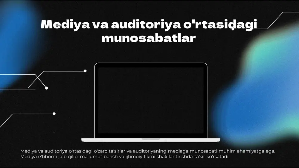ichiga oladi. bu jarayon, shuningdek, auditoriyaning qaror qabul qilishida muhim rol o'ynaydi. fikrlar va his-tuyg'ular auditoriyaning fikr va his-tuyg'ulari, mediya tanlovi va ta'siriga asosiy omil bo'ladi. ular, ma'lumotni qabul qilish va qayta ishlash jarayonida muhim ahamiyat kasb etadi. mediya ta'sirining o'zgarishi mediya auditoriyaga ta'sir ko'rsatishi bilan birga, auditoriyaning o'zgarishi mediyaning mazmuni va uslublarini yangilanishga olib keladi. bu jarayon, mediyaning auditoriyaga ta'sirini qayta belgilashga imkon beradi. ommaviy axborot vositalarining roli ommaviy axborot vositalari, auditoriyaning qaror qabul qilish jarayonida muhim rol o'ynaydi. ular, fikrlar va his- tuyg'ularni shakllantirishda, shuningdek, ijtimoiy munosabatlarni rivojlantirishda asosiy manba hisoblanadi. ommaviy axborot vositalarining muvozanati ommaviy axborot vositalari auditoriyani manipulyatsiya qilishda turli usullarni qo'llaydi. masalan, reklama, xabarlar va boshqa axborot shakllari orqali ma'lum fikrlarni shakllantiradi. bu usullar auditoriyaning psixologik holatiga ta'sir ko'rsatadi, ularni muayyan xulq-atvorlarga yo'naltiradi. muvozanatni saqlash uchun, ommaviy axborot vositalari ob'ektiv ma'lumotlarni taqdim etishlari, auditoriyani tanqidiy fikrlashga undashlari zarur. shuningdek, auditoriyaning ma'lumot manbalarini tahlil qilish qobiliyatini …
