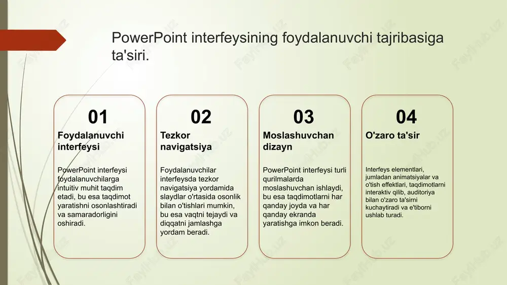 mavzuni yanada tushunarli qiladi. powerpoint: oʻquv jarayonida taqdimotlarni yaratish imkoniyatlari. powerpoint, taqdimotlarni yaratish jarayonida o'quvchilarga ko'plab imkoniyatlar taqdim etadi. o'qituvchilar interaktiv slaydlar, grafikalar va videolar yordamida materialni yanada qiziqarli va tushunarli qilib taqdim etishlari mumkin. bu esa o'quv jarayonini samarali qilishda muhim ahamiyatga ega. - o'qituvchilar uchun interaktiv imkoniyatlar. - grafik va multimedia elementlarni birlashtirish. - o'qitish jarayonini yanada qiziqarli qilish. oʻquvchilarda bilimlarni mustahkamlashda powerpointning roli. 01 ta'lim jarayonida interaktivlik powerpoint o'quvchilarga interaktiv taqdimotlar yaratish imkonini beradi, bu esa ularda faol ishtirok etishni rag'batlantiradi va bilimlarni mustahkamlashga yordam beradi. 02 vizual materiallarning ahamiyati powerpoint taqdimotlari vizual materiallardan foydalanish orqali o'quvchilarning e'tiborini jalb qiladi, bu esa murakkab kontentni yanada tushunarli qiladi va esda qolishini oshiradi. 03 bilimlarni mustahkamlash usullari powerpoint orqali savol-javoblar, viktorinalar va muhokamalar o'tkazish, o'quvchilarning o'z bilimlarini mustahkamlashda samarali usul hisoblanadi. 04 o'zaro ta'sir va fikr almashish powerpoint taqdimotlarida guruh ishlari orqali o'quvchilar o'zaro fikr almashishlari mumkin, bu esa …