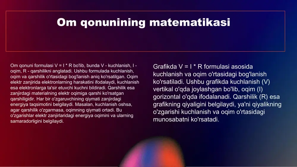 vchanligini ko'rsatadi. shuningdek, boshqa metallarda - masalan, alyuminiy va kumushda ham o'ziga xos o'tkazuvchanlik qiymatlari mavjud. bu esa ohm qonunining turli metallarda qanday ishlashini ko'rsatadi. turli usullarni qo'llash o'tkazuvchanlikni o'lchashda turli usullar qo'llanilishi, masalan, ohmometr va multimetrlardan foydalanish, kengaytirilgan qo'llanish imkonini beradi. bu usullar, shuningdek, turli materiallar uchun o'tkazuvchanlik ko'rsatkichlarini aniq belgilashga yordam beradi. natijalar farqlanishi biroq, ushbu usullar o'rtasida natijalar farqlanishi mumkin, bu esa o'lchovlarning aniqligini pasaytiradi. odatda, o'lchovlarni amalga oshirishda inson faktori va uskunalarning kalibrlanishi muhim ahamiyatga ega. ilmiy tadqiqotlarni rivojlantirish o'tkazuvchanlikni o'lchash usullari ilmiy tadqiqotlarni rivojlantirish va yangi materiallar yaratishga imkon beradi. yangi texnologiyalar, masalan, nanomateriallar, o'tkazuvchanlik o'lchovlari orqali yanada chuqurroq o'rganilishi mumkin. o'lchovlarda xatoliklar ayniqsa, o'lchovlarda xatoliklar va uskunalarning nosozligi natijasida noto'g'ri natijalar olish mumkin. bunday holatlar, tajribalar natijalarini ishonchliligiga putur etkazishi mumkin. s o w t metallar o'tkazuvchanligi: nazariy va amaliy qo'llanilishi nazariy asoslar metallar o'tkazuvchanligi, klassik nazariya asosida ohm qonuni bilan bog'liq. ohm qonuni, …