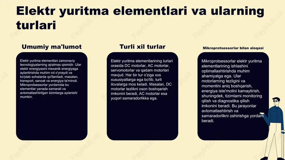 adorlikni oshirishga qaratilgan. bunday yutuqlar, masalan, energiya sarfini kamaytirish va ishlab chiqarish jarayonlarini optimallashtirish orqali xarajatlarni pasaytiradi. bunda, mikroprotsessorlar yordamida dasturiy ta'minot va sensorlar integratsiyasi muhim rol o'ynaydi. energiya samaradorligi eko-texnologiyalar sohasida, mikroprotsessorli tizimlar ekologik toza energiya manbalarini, masalan, quyosh va shamol energiyasini samarali ushlab turish va boshqarish imkonini beradi. bu texnologiyalar yordamida energiya ishlab chiqarish jarayonlari yanada barqaror va xavfsiz bo'ladi, shuningdek, atrof-muhitga zarar yetkazmaslikka erishish mumkin. yangiliklar energiya samaradorligi bo'yicha yangiliklar, shuningdek, mikroprotsessorli boshqarish tizimlarining yangi avlodlarini ishlab chiqish bilan bog'liq. masalan, aqlli uy tizimlari, energiya iste'molini real vaqt rejimida monitoring qilish va boshqarish imkonini beruvchi mikroprotsessorlar orqali yanada samarali ishlaydi. bu yangiliklar, o'z navbatida, energiya tejash va resurslardan oqilona foydalanish imkoniyatlarini kengaytiradi. boshqarish tizimlarining muvaffaqiyatlari mikroprotsessorli boshqaruv tizimlari turli sohalarda muvaffaqiyatli qo'llanilmoqda, bu esa ularning samaradorligini va afzalliklarini ko'rsatadi. **ta'lim:** mikrokontrollerlar yordamida ta'lim muassasalarida o'quv jarayonlari avtomatlashtirilmoqda. masalan, interaktiv ta'lim platformalari o'quvchilarning bilim darajasini kuzatish va baholashda …