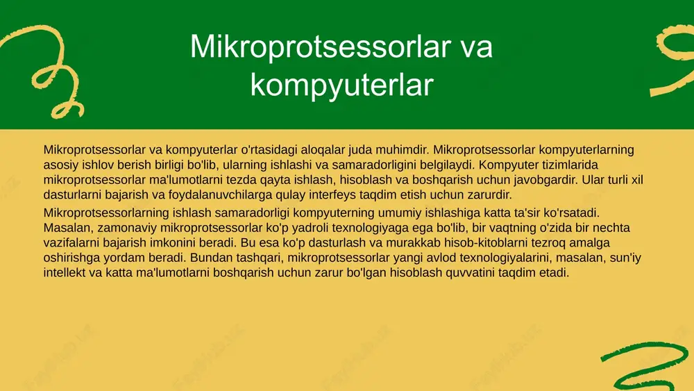 alarni talab qiladi. **risc afzalliklari:** - tezlik - soddaligi - energiya samaradorligi **risc kamchiliklari:** - dasturiy ta'minotdagi murakkablik **cisc afzalliklari:** - keng buyruq to'plami - yuqori dasturiy ta'minot moslashuvchanligi **cisc kamchiliklari:** - tezlikni pasaytirishi - energiya sarfi yuqori mikroprotsessor tizimlarining ishlash prinsipi tizimning ishlash jarayoni mikroprotsessorlarning asosiy vazifasi bo'lib, u buyruqlarni qabul qilish, ularni bajarish va natijalarni chiqarish jarayonlarini o'z ichiga oladi. mikroprotsessorlar ma'lumotlarni tez va samarali qayta ishlash uchun arifmetik va mantiqiy operatsiyalarni amalga oshiradi, bu esa tizimning umumiy samaradorligini oshiradi. ma'lumotlarni qayta ishlash jarayoni, asosan, kiruvchi ma'lumotlarni olish, ularni qayta tahlil qilish va natijalarni chiqarishni o'z ichiga oladi. bu jarayonda mikroprotsessor ma'lumotlarni xotiradan oladi va kerakli operatsiyalarni bajaradi, natijalar esa ko'rsatkichlar yoki boshqa chiqish qurilmalariga uzatiladi. tizimning samaradorligini oshirish usullari: - kesh xotirasini kengaytirish orqali ma'lumotlarga tezkor kirish. - parallellikni oshirish orqali bir nechta operatsiyalarni bir vaqtda bajarish. - tizim arxitekturasini optimallashtirish orqali bajarish tezligini oshirish. kelajakda mikroprotsessorli …