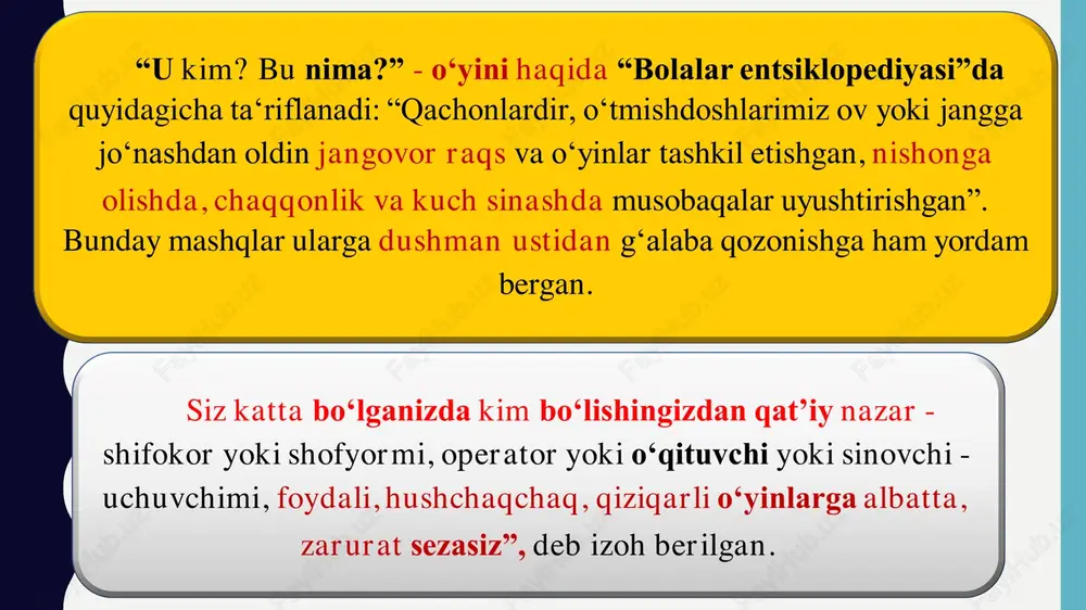 da rolni ijodiy bajarishga, tasavvur etishni tarbiyalashda yordam beradi. bolalar jismoniy yuklamani olgandan keyin ularga dam olish kerak bo‘lganda yoki diqqat-e’tiborsizlikda, o‘yinni yaxshi o‘zlashtirish uchun quyidagi usullardan foydalanish tavsiya qilinadi. «mergan» o‘yini bolalar ikki jamoaga bo‘linib, yuzlari bir-biriga qaragan holda safga turadilar. o‘rtaga har bir jamoadan 6-8 m uzoqlikda bulava qo‘yilgan bo‘ladi. ishora berilishi bilan har qaysi qatordagi bolalar galma-galdan to‘pni bulavaga otib uni urib yiqitishga harakat qiladilar. qaysi jamoada bulavani ko‘proq urib tushirgan bo‘lsa, o‘sha jamoada g‘olib hisoblanadi. harakatli o‘yinni pedagogik tasnifi pedagogik amaliyotda harakatli o‘yinni keng qo‘llanilishi, ularni tasnifini, guruhlarni tashkil etishni kamdan-kam tashkil etadi ya’ni xar hil pedagogik vazifani hal etish uchun ma’lum belgilar bo‘yicha ularni maqsadga yo‘naltirilgan holda tanlashni, ularni shu ish jarayonida qo‘yiladi. e’tiboringiz uchun rahmat!