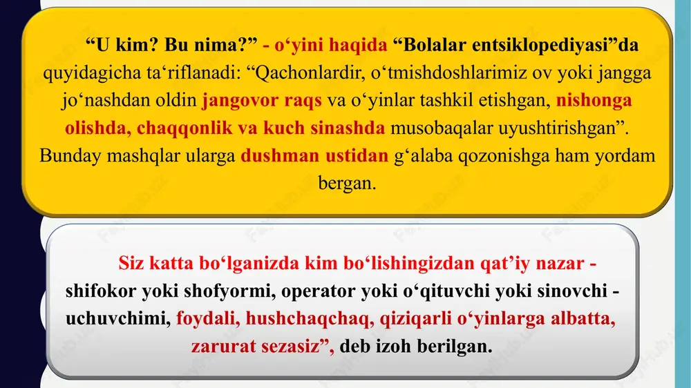 jarishga, tasavvur etishni tarbiyalashda yordam beradi. bolalar jismoniy yuklamani olgandan keyin ularga dam olish kerak bo‘lganda yoki diqqat-e’tiborsizlikda, o‘yinni yaxshi o‘zlashtirish uchun quyidagi usullardan foydalanish tavsiya qilinadi. «mergan» o‘yini bolalar ikki jamoaga bo‘linib, yuzlari bir-biriga qaragan holda safga turadilar. o‘rtaga har bir jamoadan 6-8 m uzoqlikda bulava qo‘yilgan bo‘ladi. ishora berilishi bilan har qaysi qatordagi bolalar galma-galdan to‘pni bulavaga otib uni urib yiqitishga harakat qiladilar. qaysi jamoada bulavani ko‘proq urib tushirgan bo‘lsa, o‘sha jamoada g‘olib hisoblanadi. harakatli o‘yinni pedagogik tasnifi pedagogik amaliyotda harakatli o‘yinni keng qo‘llanilishi, ularni tasnifini, guruhlarni tashkil etishni kamdan-kam tashkil etadi ya’ni xar hil pedagogik vazifani hal etish uchun ma’lum belgilar bo‘yicha ularni maqsadga yo‘naltirilgan holda tanlashni, ularni shu ish jarayonida qo‘yiladi. e’tiboringiz uchun rahmat! image1.png image2.jpg image3.png image4.png image5.png image6.png image7.png image8.png image9.png image10.png image11.jpg image12.jpg image13.jpg image14.jpg image15.jpg image16.jpg image17.png image18.png image19.png image20.png image21.png image22.png image23.png image24.png image25.png image26.png image27.png image28.png image29.png image30.png image31.png image32.png …