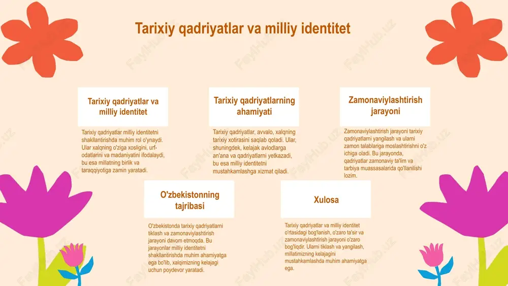 va joydan qat'iy nazar ta'lim olish imkoniyatini berishi bilan mashhur. ularning samaradorligi ta'lim sifatini oshirishda muhim rol o'ynaydi. o'zbek ta'limidagi amaliyot o'zbekistonda zamonaviy texnologiyalarni qo'llash amaliyoti tobora kengayib bormoqda. yangi metodologiyalar va resurslar o'qituvchilarga va o'quvchilarga yangi imkoniyatlar yaratadi. texnologiyalarning ijobiy ta'siri zamonaviy texnologiyalar o'quv jarayoniga ijobiy ta'sir ko'rsatadi, o'quvchilarning motivatsiyasini oshiradi va o'rganishni qiziqarli qiladi. bu, o'z navbatida, milliy tarbiyaviy qadriyatlarni tiklashga yordam beradi. kelajakdagi istiqbollar zamonaviy pedagogik texnologiyalarni yanada rivojlantirish va ularni milliy qadriyatlar bilan uyg'unlashtirish, ta'lim sifatini oshirish va o'quvchilarning madaniy merosini saqlashda muhim ahamiyatga ega. ta'limda innovatsiyalar innovatsion yondashuvlar, jumladan loyiha asosida ta'lim, milliy qadriyatlarimizni tiklash va zamonaviylashtirishda muhim rol o'ynaydi. ushbu metodlar orqali o'quvchilarimiz milliy an'analarga asoslangan loyihalar yaratish va ularga faol ishtirok etish orqali o'z kelajagini shakllantirishadi. tadqiqotlar shuni ko'rsatadiki, innovatsion metodlar o'qitishda samaradorlikni oshiradi va o'quvchilarda milliy madaniyatga bo'lgan qiziqishni kuchaytiradi. bu yondashuvlar orqali o'quvchilarimiz milliy qadriyatlarimizni o'rganish va ularga nisbatan hurmatini oshirish …