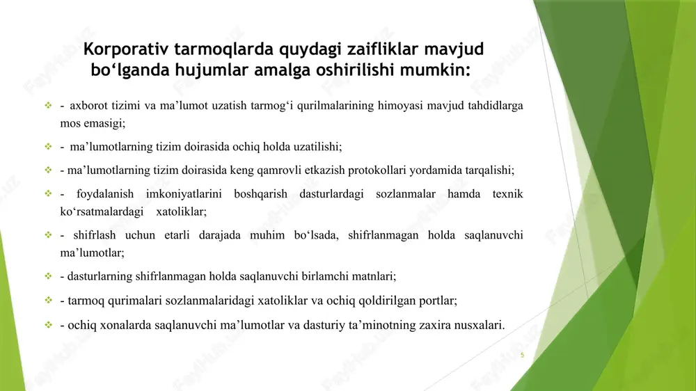 umumiy kirish kaliti/maxfiy kalit mexanizmi, ma’lumotlarni shifrlash lan xavfsizlik devori, pochta antivirusi, ip blokirovkalari ro‘yxati, ma’lumot kafolati zaifligi haqida ogohlantirish, zaiflikni tiklash, lan xavfsizligini tekshirish wan xavfsizlik devori, saytni doimiy skanerlash, signalni filtrlash, tizim yamog‘i, ids, pochta antivirusi, ma’lumotlarning zaiflik signali, virusni onlayn skanerlash, lan xavfsizligini tekshirish, tizim jurnali, honeypot/honeynet, texnologiya tahlili vositasi 19 chuqur himoya choralari daraja tafsilotlarni o‘lchash ilova xavfsizligi ilovaga kirishni boshqarish, dastur xavfsizligini tekshirish tarmoq xavfsizligi xavfsizlik devori, selektiv shlyuz, antivirus, ids, ulanishni boshqarish, tarmoq xavfsizligini tekshirish ma’lumotlar xavfsizligi ma’lumotlarni shifrlash, ma’lumotlarni yo‘q qilish, ma’lumotlarni tiklash, ma’lumotlar bazasiga kirishni boshqarish, ma’lumotlar xavfsizligini tekshirish, ma’lumotlarni zaxiralash xost xavfsizligi xost nazorati, zaifliklarni skanerlash, xavfsizlik vakolati, xostni kuchaytirish, xost antivirusi, terminator xavfsizligini tekshirish 20 ichki tarmoq uchun chuqur himoya tizimi 21 xulosa ushbu bitiruv malakaviy ishini bajarishda kompyuter tarmoqlari xavfsizligiga tahdidlar o‘rganildi, zamonaviy tarmoq xavfsizligi vositalari texnologik va funksional imkoniyatlarining tahlil qilindi. tarmoq xavfsizligini himoya qilish modeli keltirildi va …