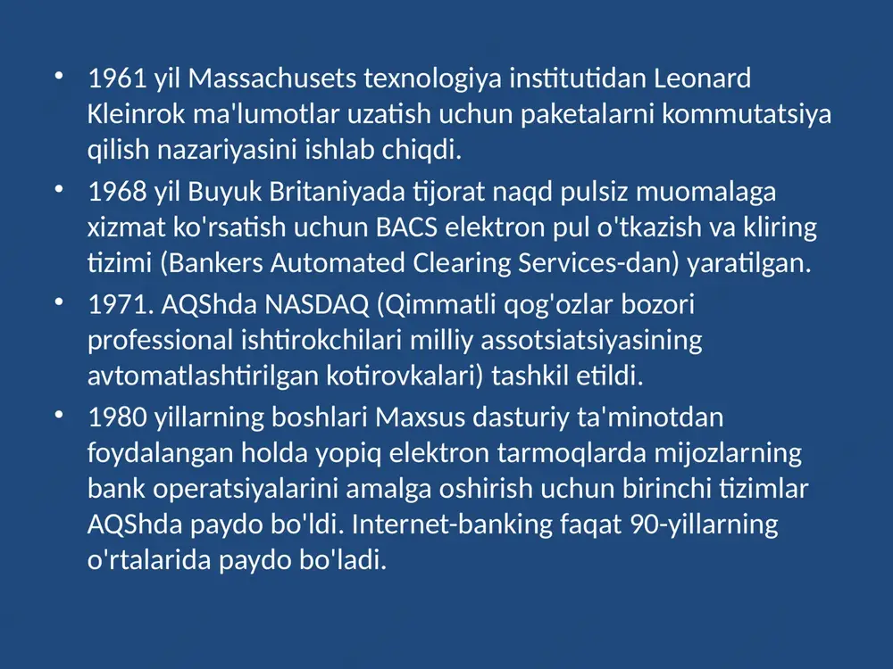 urlari - elektron to’lovlar amalga oshirilayotganda to’lov tizimining sub’ektlari o’rtasida yuzaga keladigan munosabatlar majmui to’lov tizimidir. to’lov tizimining turlariga quyidagilarni kiritishimiz mumkin: banklararo to’lov tizimi; bankning ichki to’lov tizimi; chakana to’lovlar tizimlaridan iborat. foydalanilgan adabiyotlar gavrilov l.p. elektronnaya kommertsiya. uchebnik i praktikum dlya bakalavriata i magistraturi.m.:yurayt, 2019.- 433 str. o‘zbekiston respublikasining “elektron tijorat to‘g‘risida”gi o‘zbekiston respublikasi qonuniga o‘zgartish va qo‘shimchalar kiritish haqida”gi 2015-yil 22-maydagi o‘rq-385-sonli qoniniga muvofik qabul qilindi. xalq so’zi, 2015 yil 23 may. e'tiboringiz uchun rahmat! image2.jpeg image3.jpg image4.png image5.jpg image6.jpg image7.jpg image8.jpg image9.jpg image10.jpg image11.jpg /docprops/thumbnail.jpeg