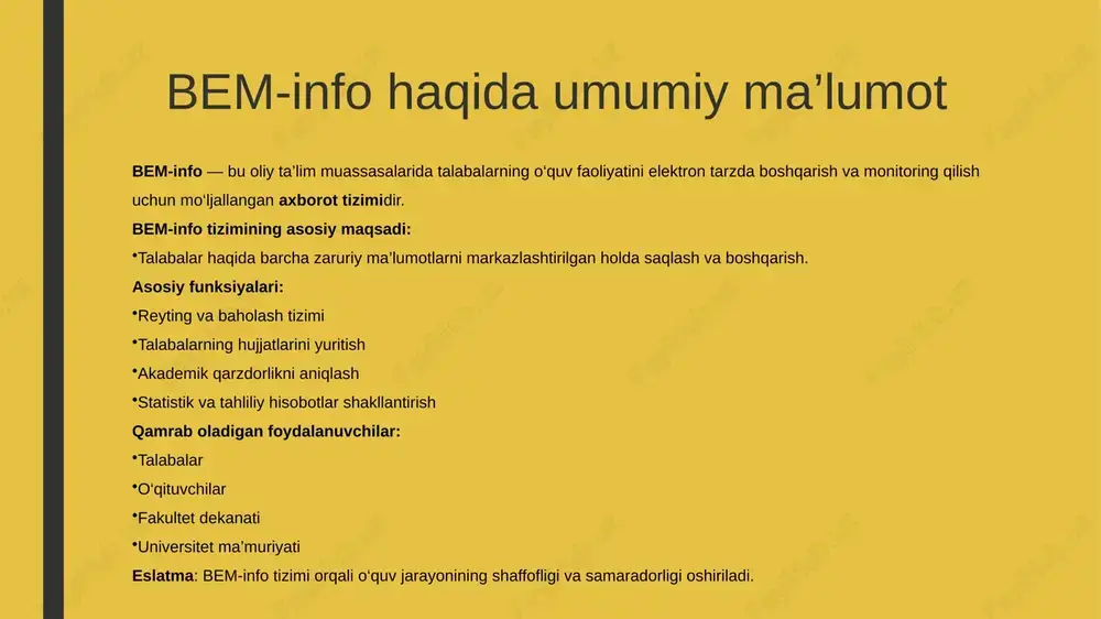 limni qo‘llab-quvvatlash 📚 kurslar yaratish va boshqarish imkoniyati 📝 testlar, topshiriqlar va baholash vositalari 🤝 o‘quvchilar va o‘qituvchilar o‘rtasida muloqot imkoniyatlari 🔧 modullarning keng doirasi va moslashuvchanligi 🔒 foydalanuvchilar xavfsizligi va maxfiylik kafolati o‘xshash tizimlar: ais "talaba" ais "talaba" tizimining asosiy xususiyatlari: 🎓 talabalar shaxsiy ma’lumotlarini saqlash 🗂️ akademik malaka va baholarni boshqarish 📆 o‘quv reja va dars jadvalini yuritish 📊 statistik hisobotlar va tahliliy ma’lumotlar taqdim etish 🔐 ma’lumotlar xavfsizligini ta’minlash qo‘llanilishi: universitet va kollejlar fakultet va kafedra darajasida boshqaruv ta’lim jarayonining elektron nazorati o‘xshash tizimlar: edupage edupage asosiy xususiyatlari: 📅 dars jadvallarini yaratish va boshqarish 📚 onlayn dars materiallari va resurslarni joylash 📝 testlar va topshiriqlarni tashkil etish 📊 talabalar baholari va qatnovini kuzatish 🔔 ota-onalar va o‘qituvchilar uchun ogohlantirishlar va xabarlar qo‘llanilishi: maktablar va umumta’lim muassasalari o‘qituvchilar, talabalar va ota-onalar uchun qulay interfeys ta’lim jarayonini avtomatlashtirish va boshqarish bem-info va boshqa tizimlar taqqosoti xususiyatlar bem-info moodle ais …