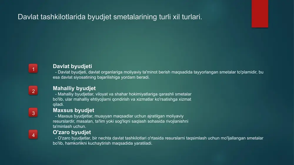 etuvchi tomonlar. byudjet tashkilotchilari byudjet tashkilotchilari, davlat organlari va muassasalari, byudjet smetalarini ishlab chiqishda asosiy rol o'ynaydi va moliyaviy resurslarni taqsimlaydi. moliya vazirligi moliya vazirligi, byudjet smetalarini shakllantirish jarayonida muhim vazifalarni bajaradi, moliyaviy rejalashtirishni boshqaradi va nazorat qiladi. mahalliy hokimiyatlar mahalliy hokimiyatlar, hududiy ehtiyojlarni hisobga olib, byudjet smetalarini shakllantirishda ishtirok etadi va moliyaviy resurslarni taqsimlaydi. byudjet amaliyotlarining samaradorligini baholash usullari. 1 samaradorlik ko'rsatkichlari - byudjet amaliyotlarining samaradorligini baholash uchun asosiy ko'rsatkichlar, masalan, xarajatlarning maqsadga muvofiqligi va natijalar bilan bog'liq indikatorlardir. 2 moliya tahlili - byudjet jarayoni davomida moliya tahlili amalga oshiriladi, bu esa xarajatlar, daromadlar va resurslarning samarali foydalanishini baholashga yordam beradi. 3 ta'sir baholash - byudjet amaliyotlarining ijtimoiy-iqtisodiy ta'sirini baholash, davlatning iqtisodiyotga qo'shgan hissasini va jamiyatda qanday o'zgarishlar keltirganini ko'rsatadi. o'zbekistonda byudjet nazorati va hisoboti. 1 byudjet nazorati o'zbekistonda byudjet nazorati davlat tashkilotlarining moliyaviy faoliyatini nazorat qilish va byudjet mablag'laridan samarali foydalanishni ta'minlashga qaratilgan. 2 hisobot tizimi byudjet hisobotlari …