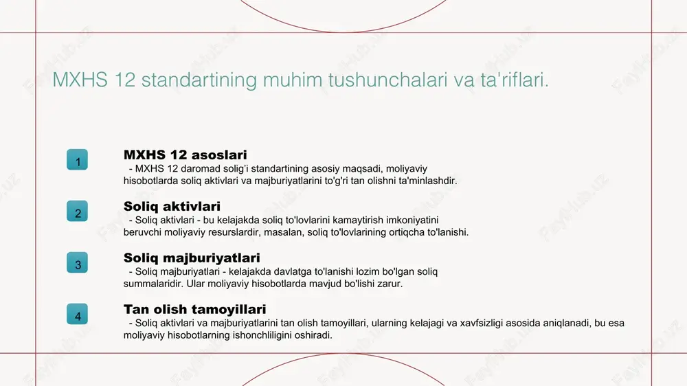 ekistonda mxhs 12 daromad solig’i standartining qabul qilinishi. o'zbekistonda mxhs 12 daromad solig’i standarti 2021 yildan kuchga kirdi. bu standart, daromad solig’i hisobini to'g'ri va samarali yuritish uchun zaruriy ko'rsatmalarni belgilaydi. asosiy maqsad - soliq majburiyatlari va aktivlarini aniq tan olishdir. bu, o'z navbatida, moliyaviy hisobotlarning shaffofligini oshiradi. photo by axp photography on unsplash global darajada daromad solig’i hisobga olish usullari. 01 global hisob usullari daromad solig’ini hisobga olishda global usullar soliq majburiyatlarini, aktivlarini va moliyaviy hisobotlarni to'g'ri ko'rsatishni ta'minlaydi. 02 soliq tizimlari har bir mamlakatda o'ziga xos soliq tizimlari mavjud. bular ichida daromad solig’i, qo’shimcha qiymat solig’i va boshqa soliqlar farqlanadi. 03 hisobga olish amaliyotlari daromad solig’ini hisobga olish amaliyotlari, masalan, vaqtinchalik farqlarni va soliq kreditlarini baholashda xalqaro standartlarga mos kelishi lozim. o'zbekistondagi soliq majburiyatlari va aktivlarining o'ziga xosligi. 01 daromad solig’i tizimi o'zbekistonda daromad solig’i tizimi to'lovchilarning turli darajadagi daromadlariga asoslangan. bu tizim, soliq stavkalarining progressivligini ta’minlaydi. 02 …