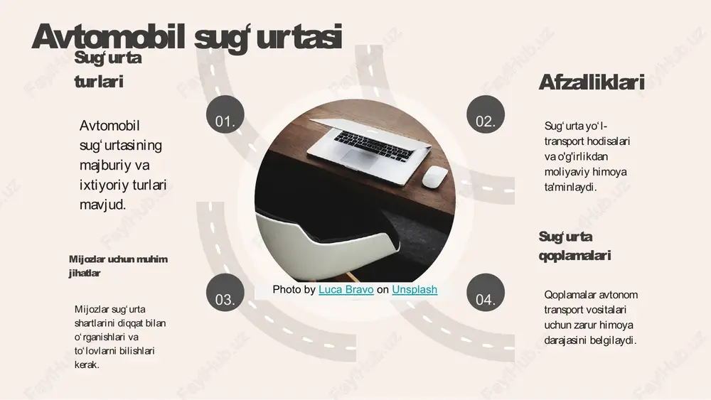 oniqishini oshirish uchun muhimdir. bu, o‘z navbatida, sugʻurta xizmatlarining raqobatbardoshligini oshiradi. mijozlar bilan hamkorlik strategiyalari, masalan, mijozlarning fikrlarini muntazam ravishda yig'ish va ularni hisobga olish orqali amalga oshirilishi mumkin. photo by luca bravo on unsplash 02. 04. 01. 03. sugʻurta jarayonining huquqiy asoslari sugʻurta qonunlari: sugʻurta jarayonida amal qilinadigan asosiy qonunlar oʻzbekiston respublikasining sugʻurta faoliyatini tartibga soladi. muqaddas hujjatlar va qonunlar, sugʻurta shartnomalarining tuzilishi va bajarilishi bo‘yicha asosiy prinsiplarga ega. sugʻurta shartnomasi: - shartnoma tomonlari va ularning huquqlari - sugʻurta qoplash miqdori - sugʻurta muddatlari - toʻlovlar va shartlar sugʻurta jarayonidagi nizolar: sugʻurta jarayonida yuzaga kelishi mumkin bo‘lgan nizolar, asosan sugʻurta shartnomasidagi noaniqliklar va qoplovlar bilan bog‘liqdir. nizolarni hal qilish usullari, muhokama, mediatsiya yoki sudga murojaat qilishni o‘z ichiga oladi. huquqiy himoya: mijozlar va sugʻurta kompaniyasi o‘rtasidagi huquqiy himoya, sugʻurta shartnomasiga asoslanadi. huquqiy muammolar, masalan, sugʻurta to‘lovlarining kechikishi yoki shartnomadagi noaniqliklar, mijozlarga noqulayliklar tug‘dirishi mumkin. sugʻurta jarayonining kelajagi sugʻurta jarayonidagi …
