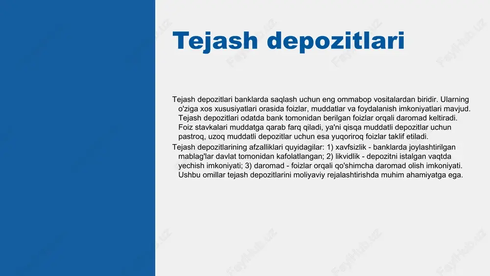 ing buxgalteriya hisobi depozit operatsiyalarini boshqarish depozit operatsiyalari banklar tomonidan mijozlardan mablagʼlarni qabul qilish va saqlash jarayonidir. bu operatsiyalar moliyaviy muassasalarning asosiy faoliyatlaridan biri hisoblanadi. • mijozlar bilan munosabatlarni mustahkamlash • risklarni boshqarish • oʼzaro hisob-kitoblarni soddalashtirish • moliyaviy resurslarni optimal taqsimlash depozit operatsiyalari moliya institutlarida muhim rol oʼynaydi, chunki ular banklarning likvidligini taʼminlaydi va investitsiya faoliyatini qoʼllab-quvvatlaydi. bu operatsiyalar orqali banklar oʼz mijozlariga xizmat koʼrsatadi va moliyaviy barqarorlikni saqlaydi. shuningdek, depozit operatsiyalari buxgalteriya hisobi uchun muhimdir, chunki ular bankning moliyaviy hisobotlarida aks ettiriladi. depozitlar, foiz hisob-kitoblari va boshqa moliyaviy operatsiyalar buxgalteriya hisobi jarayonida to'g'ri boshqarilishi zarur. 1 2 3 4 nazorat usullari depozit operatsiyalarini nazorat qilishning ahamiyati moliyaviy muassasalarning barqarorligini ta'minlashda, mijozlar ishonchini oshirishda va risklarni kamaytirishda muhim rol o'ynaydi. nazorat usullari orqali banklar depozitlarning xavfsizligini va samarasini oshirish imkoniyatiga ega bo'ladi. asosiy nazorat usullari: • moliya hisobotlarini tahlil qilish • ichki nazorat tizimlarini joriy etish • mijozlar bilan …