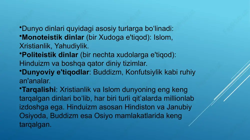 lilikning o‘zaro bog‘liq yoki qarama-qarshi ta’sirlari o‘rganiladi va shaxs rivojlanishiga qanday ta’sir qilishini aniqlashga harakat qilinadi. hurfikrlilikni o‘rganishda qo‘llaniladigan asosiy ilmiy metodlar: anketalar va so‘rovlar: turli ijtimoiy guruhlardagi hurfikrlilik darajasini aniqlash uchun keng qo‘llaniladi. eksperimental tadqiqotlar: hurfikrlilik va boshqa omillar o‘rtasidagi bog‘liqlikni aniqlash uchun turli tajribalar o‘tkaziladi. korpus tahlili: matnlar va nutqlar orqali hurfikrlilik va diniy qarashlarning ifodalanishi o‘rganiladi. taqqoslash: madaniyatlar va davrlar o‘rtasida hurfikrlilikning o‘zgarishini o‘rganish. ushbu metodlar hurfikrlilikni chuqurroq tushunishga va uni qo‘llab-quvvatlaydigan omillarni aniqlashga yordam beradi. o‘zbekiston hududida din va hurfikrlilikning rivoji qadimdan davom etib kelgan:qadimgi davrlar: zardushtiylik davrida diniy bag‘rikenglik va hurfikrlilik unsurlari mavjud edi. islomning kirib kelishi: ix-x asrlarda islom madaniy va ilmiy rivojga katta hissa qo‘shdi. al-xorazmiy, beruniy, farobiy kabi olimlar ilmiy hurfikrlilikni rivojlantirdi. temuriylar davri: temur va uning avlodlari davrida din va hurfikrlilik rivojlandi, ilm-fan va san’at gullab-yashnadi. sovet davri: diniy amaliyotlar cheklangan, lekin hurfikrlilik targ‘ib qilingan. mustaqillik davri: din va hurfikrlilikning erkinligi …